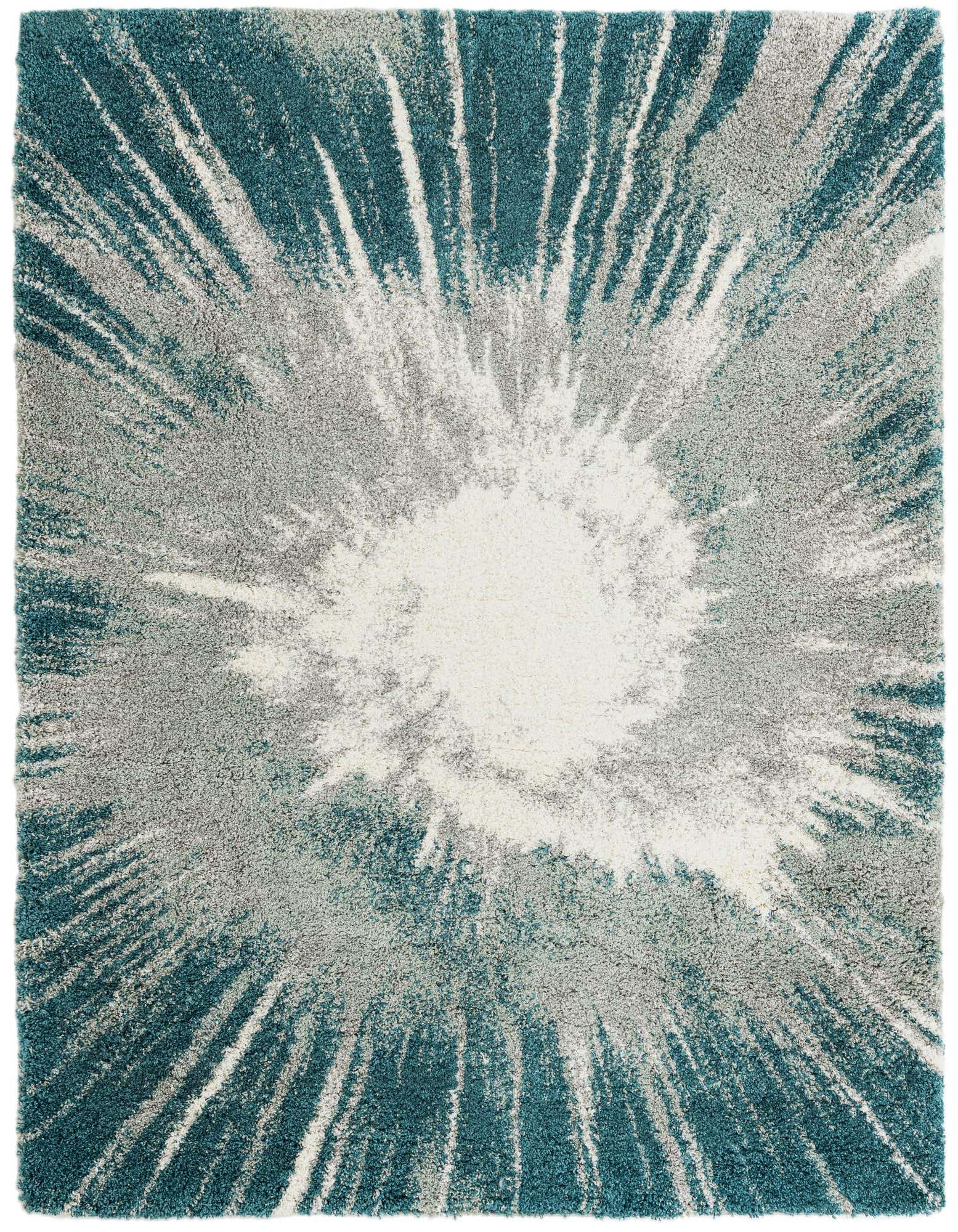 A rectangular 8x10 modern shag rug in shades of blue, green, and white, featuring a dynamic starburst pattern.