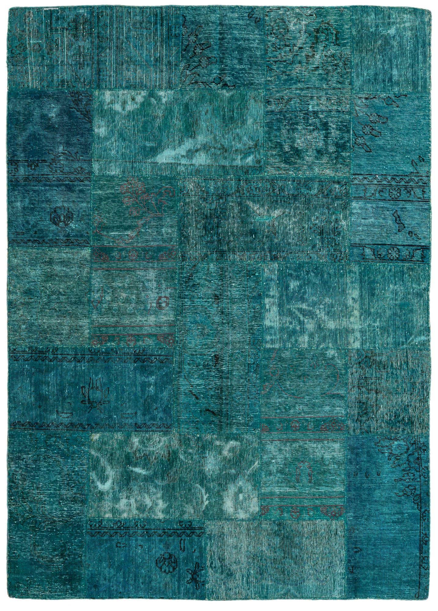 A 5x8 rectangular Ultra Vintage rug in varying shades of blue and green, featuring a patchwork design with subtle Persian and abstract patterns.