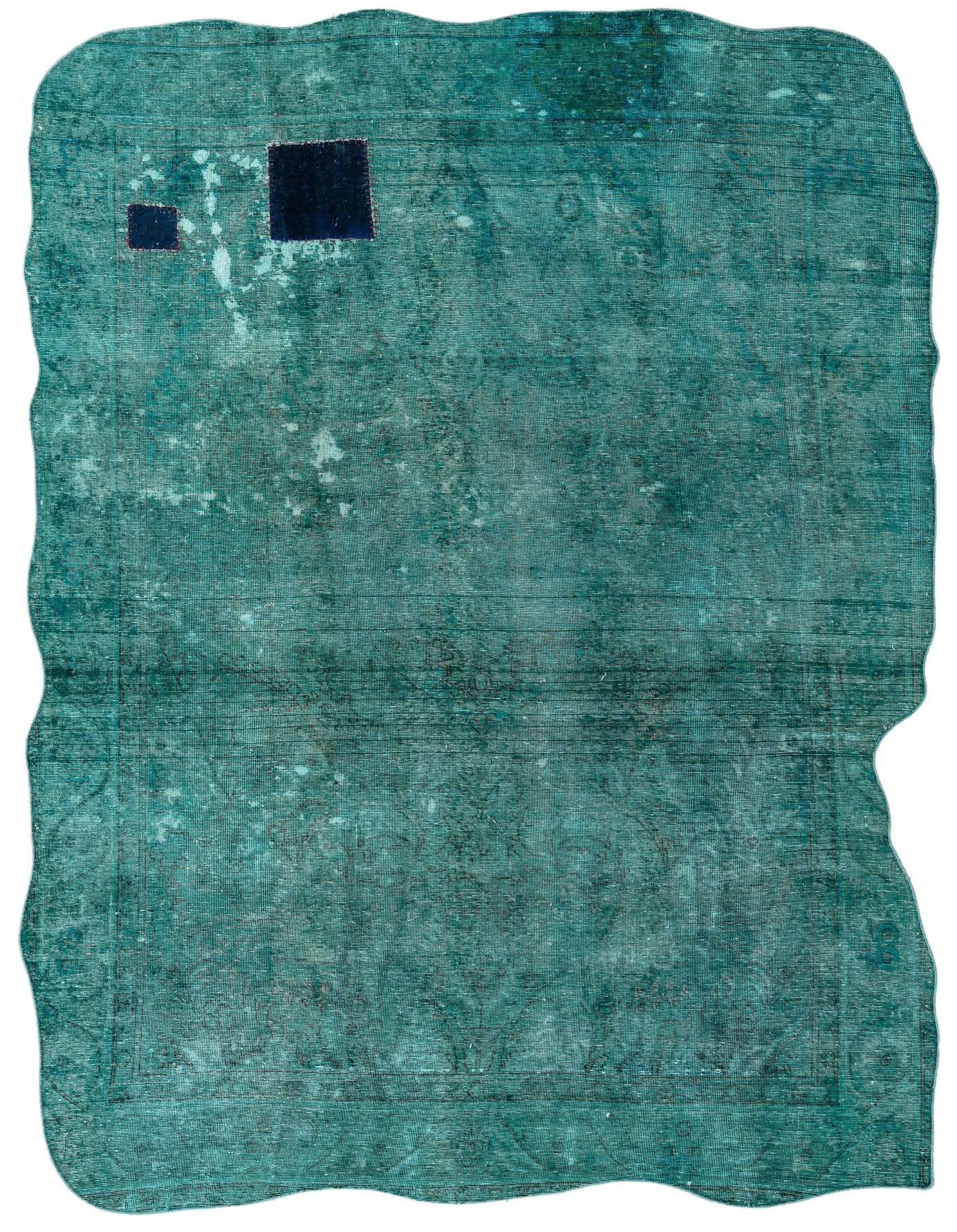 A 6x9 rectangular Ultra Vintage rug in distressed teal blue and green with a faded Persian medallion pattern, featuring two small dark blue patches.