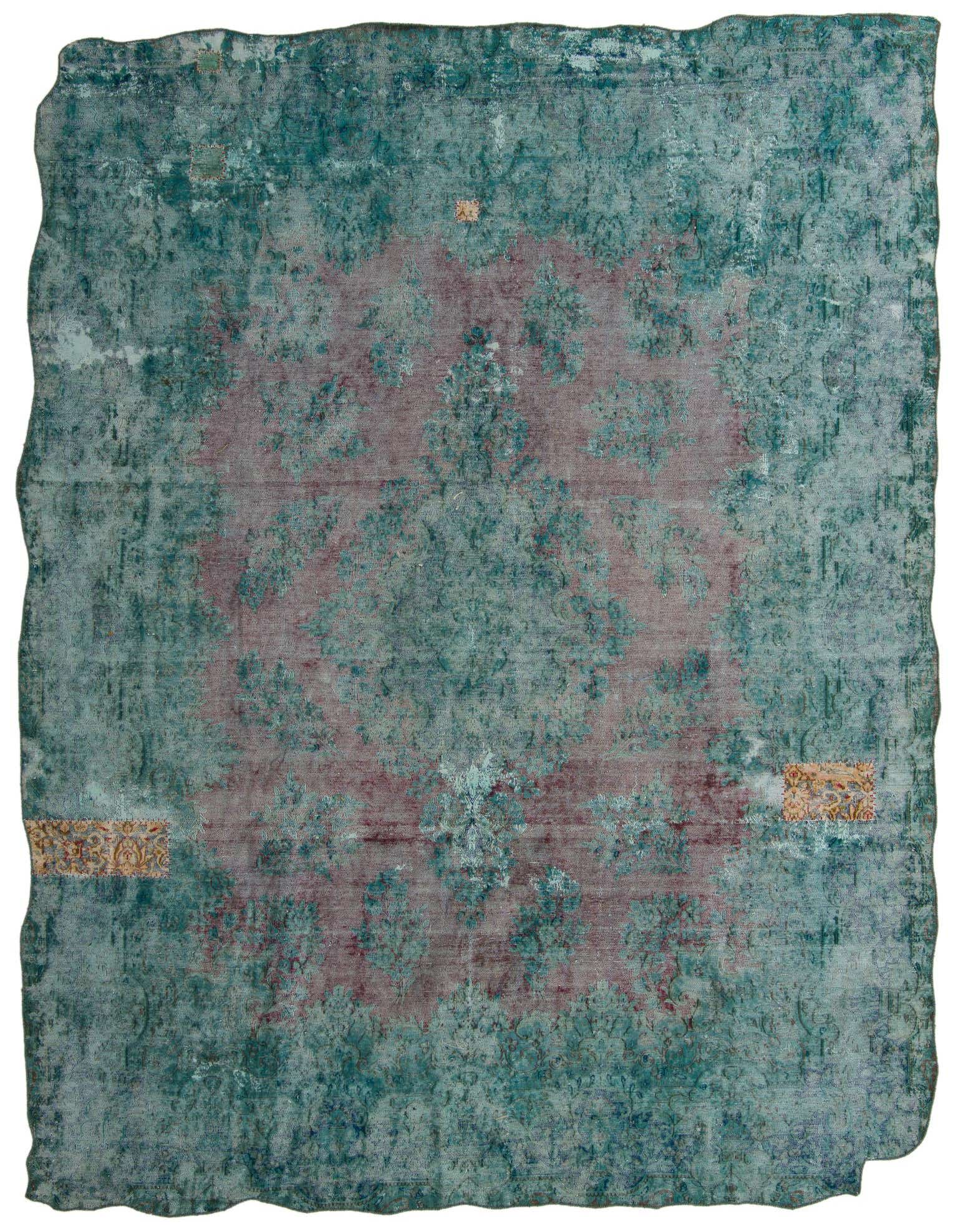 A 9x12 rectangular Ultra Vintage wool rug featuring an abstract Persian pattern in blues and greens with a distressed finish.