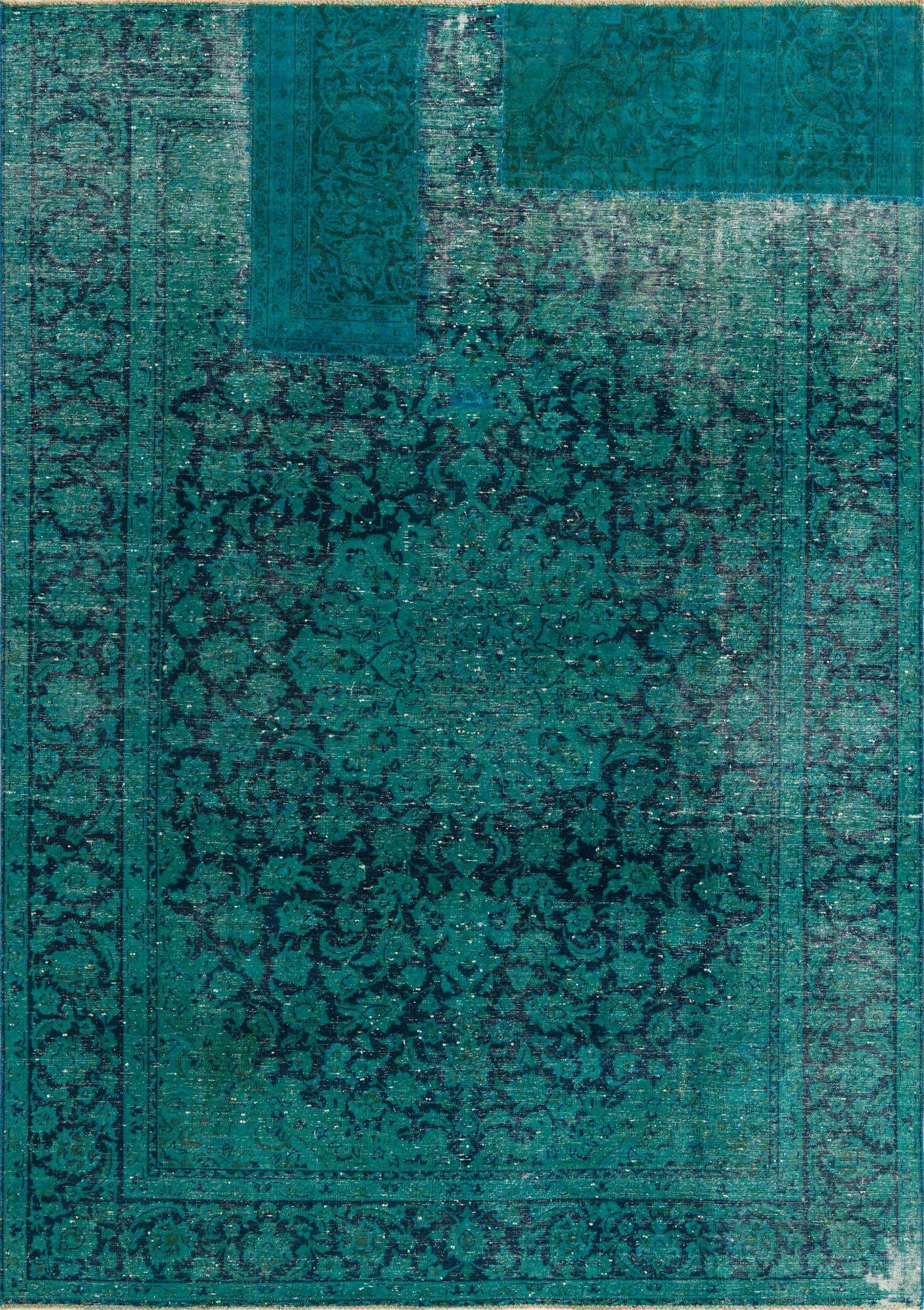 An 8x11 rectangular Ultra Vintage rug in deep teal and faded blue with a distressed Persian medallion pattern.