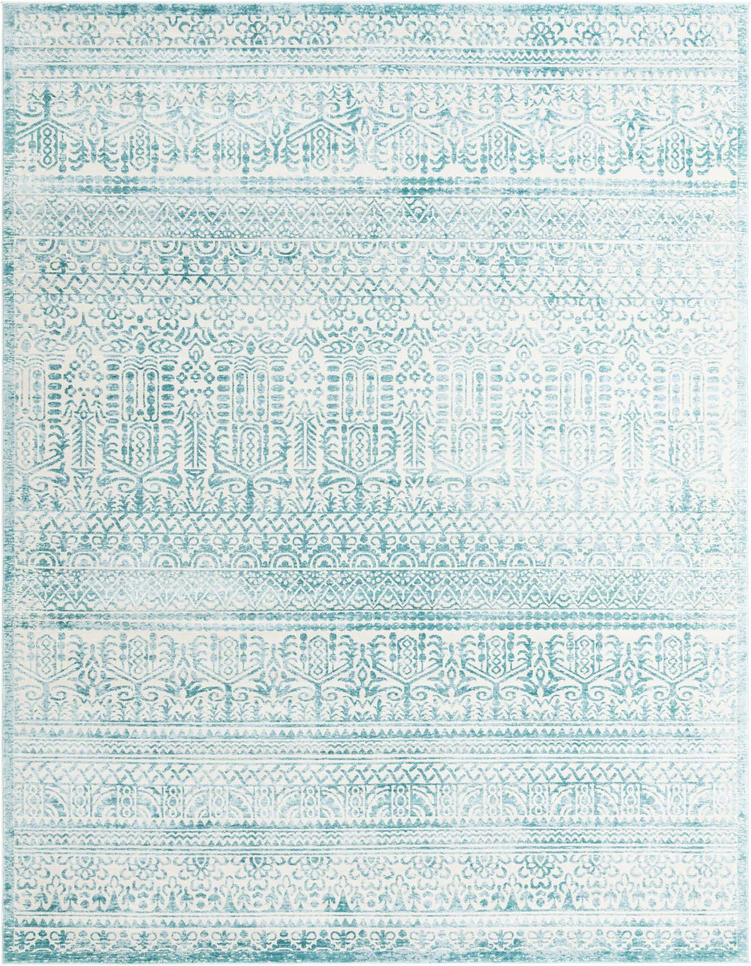 A 9x12 rectangular area rug with a vintage-inspired Oriental stripe pattern in varying shades of blue and green on an off-white background.