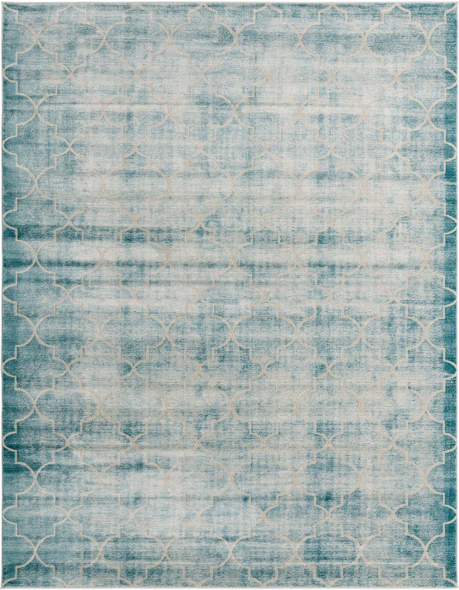 An 8x10 rectangular area rug with a modern abstract pattern in varying shades of blue and green, featuring a subtle light-colored geometric trellis overlay.
