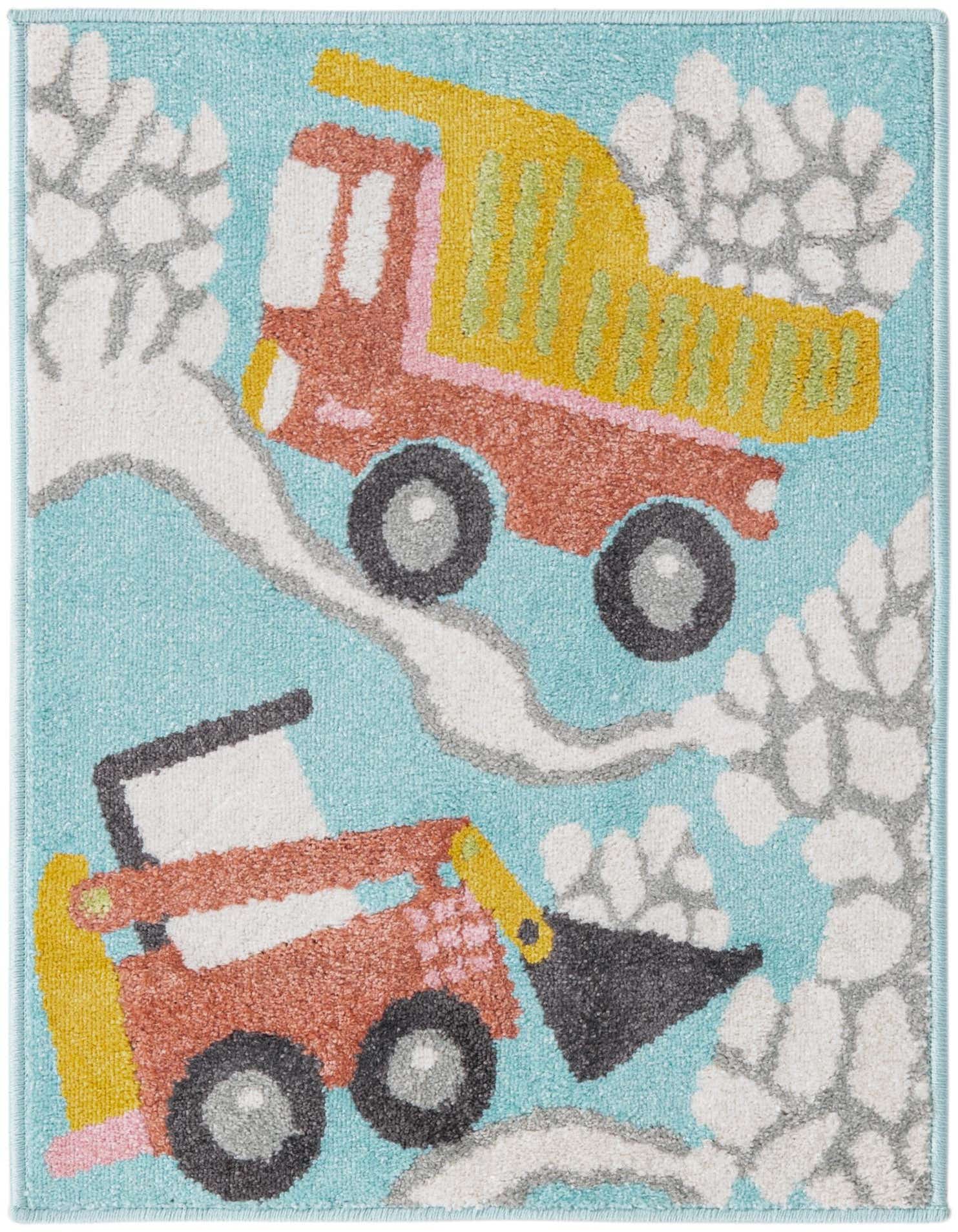A 2x3 rectangular blue rug featuring a colorful dump truck and excavator on a construction site design, perfect for a kid's room.