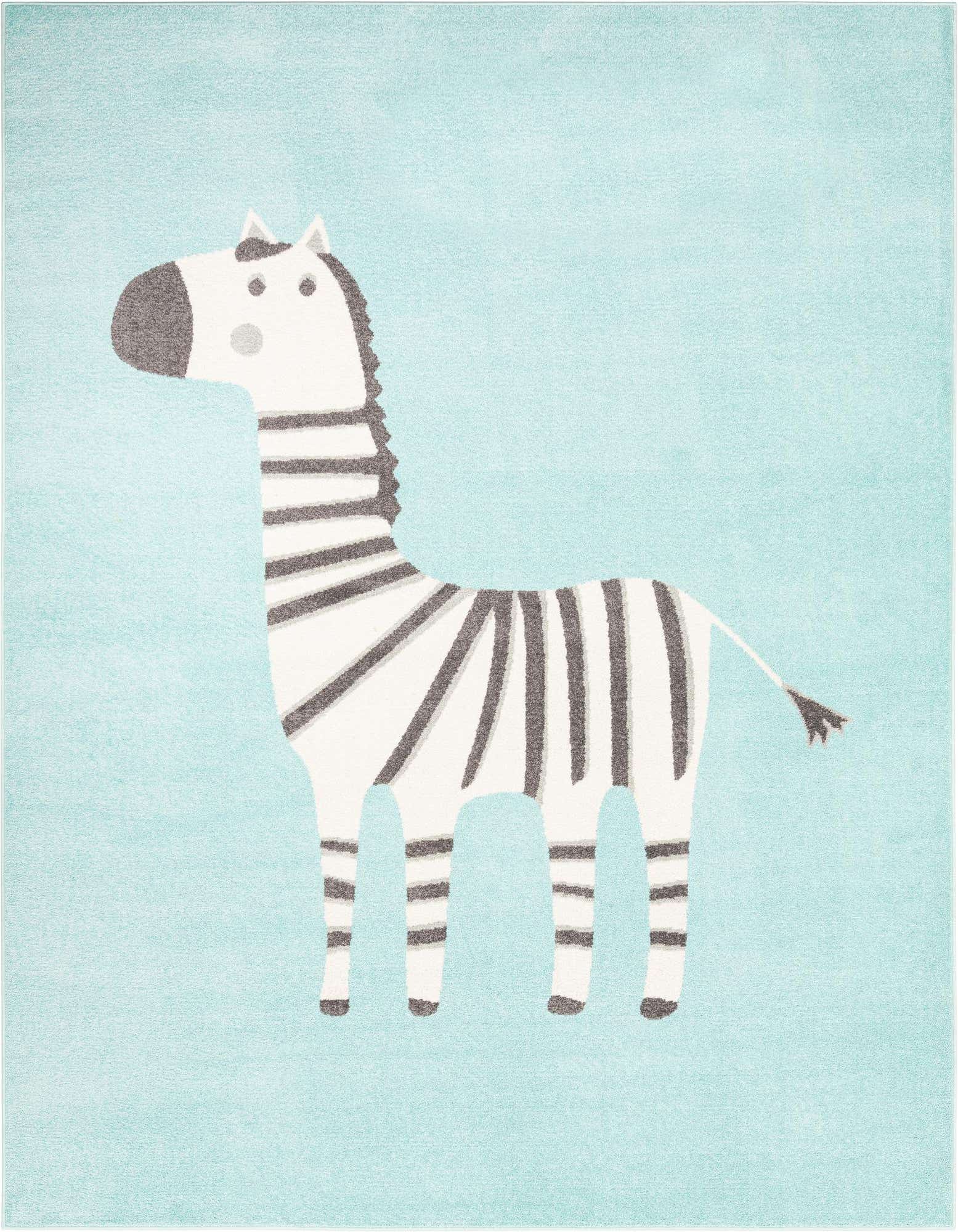 A whimsical 8x10 rectangular rug featuring a friendly white and grey striped zebra on a light blue background, perfect for a child's room.