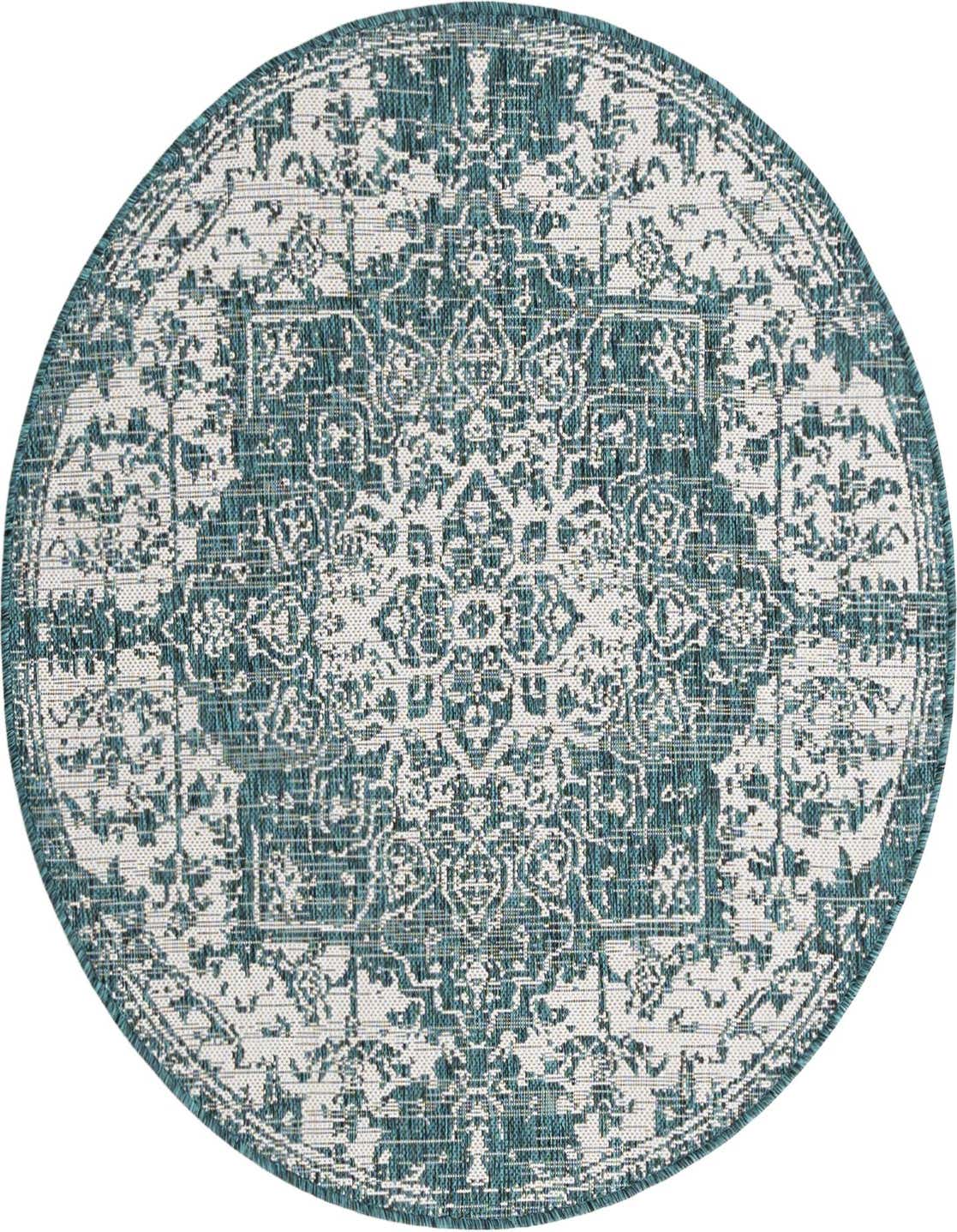 A 4' round blue and white Mediterranean medallion rug with a textured flatweave, suitable for indoor or outdoor use.