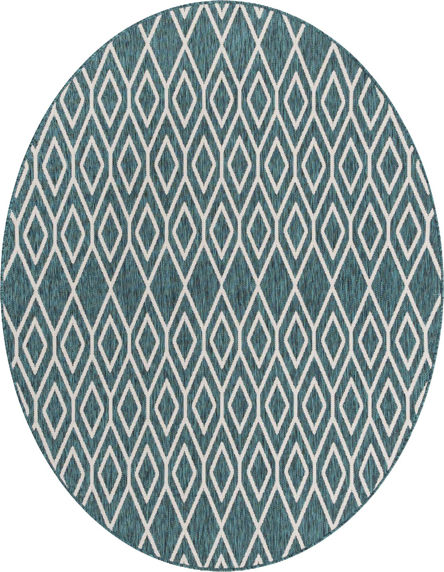 A round 6' 7 x 6' 7 blue and white rug with a modern tribal trellis pattern, suitable for indoor or outdoor use.