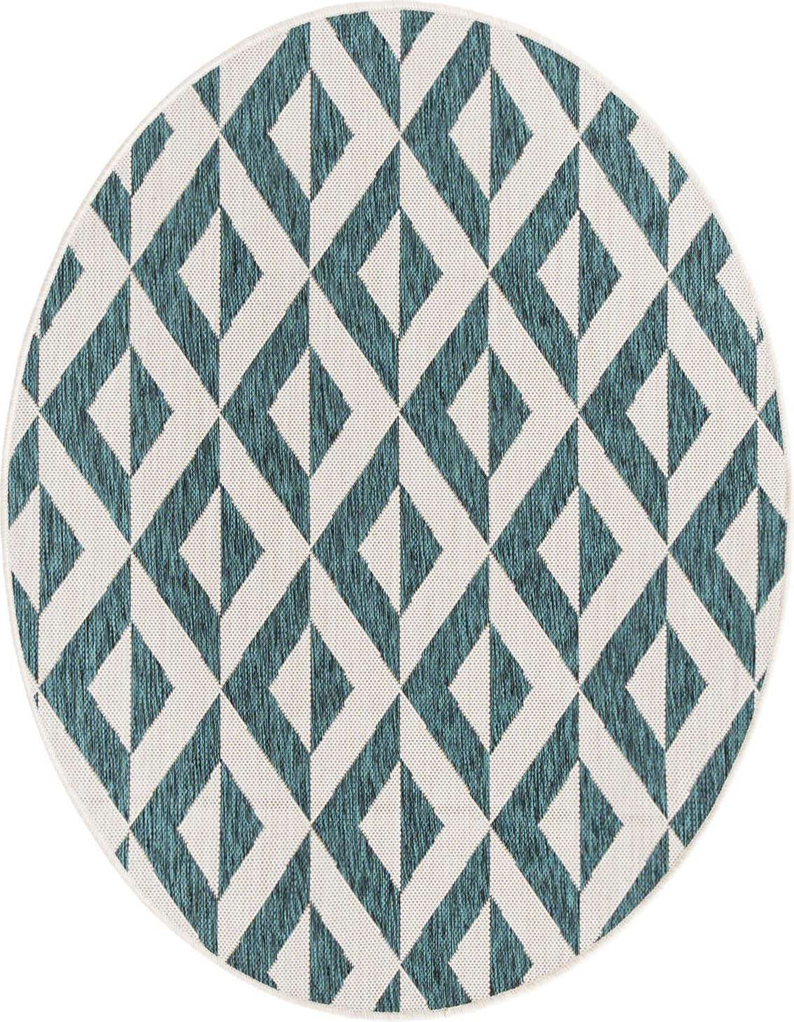 A 4' round blue and white geometric trellis rug with a textured flatweave, suitable for indoor or outdoor use.