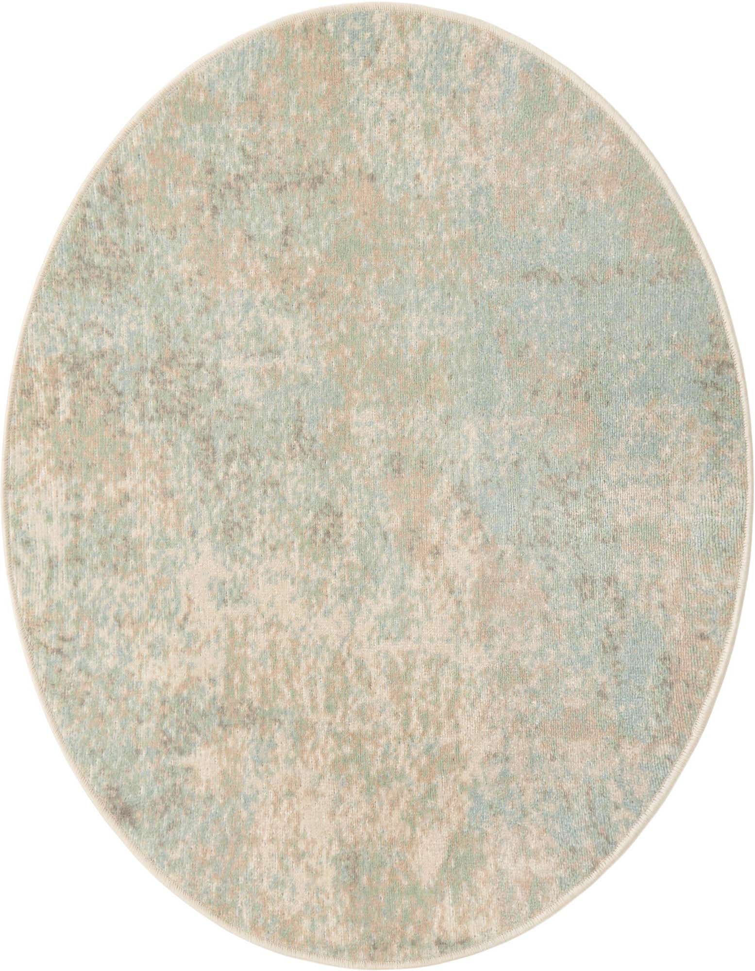 A 3' 3 round modern abstract rug from the Lotus collection with mottled blues, greens, and cream tones.