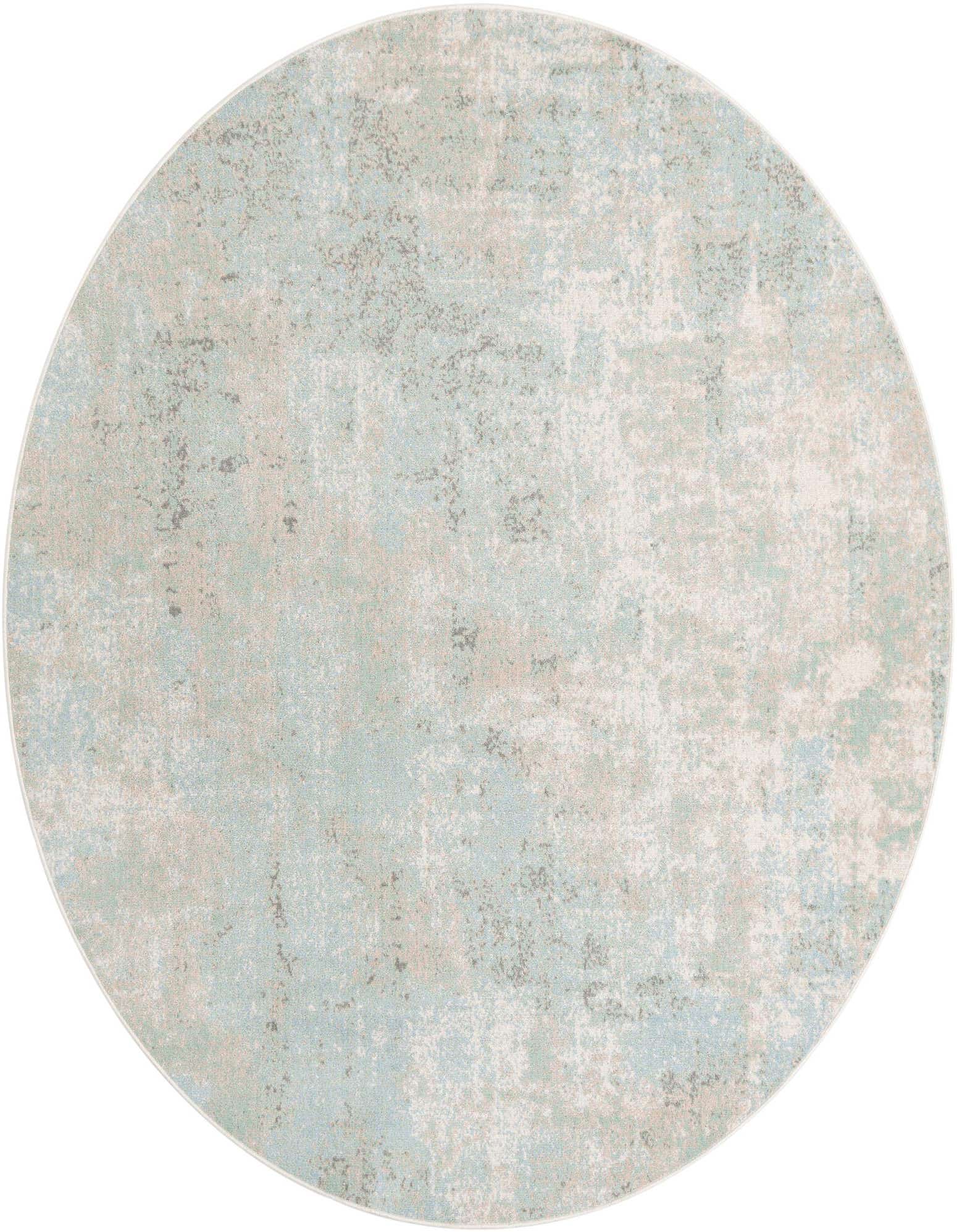 A 7' 10 round rug with a distressed abstract pattern in soft blues, greens, and muted grays, suitable for a living room or patio.