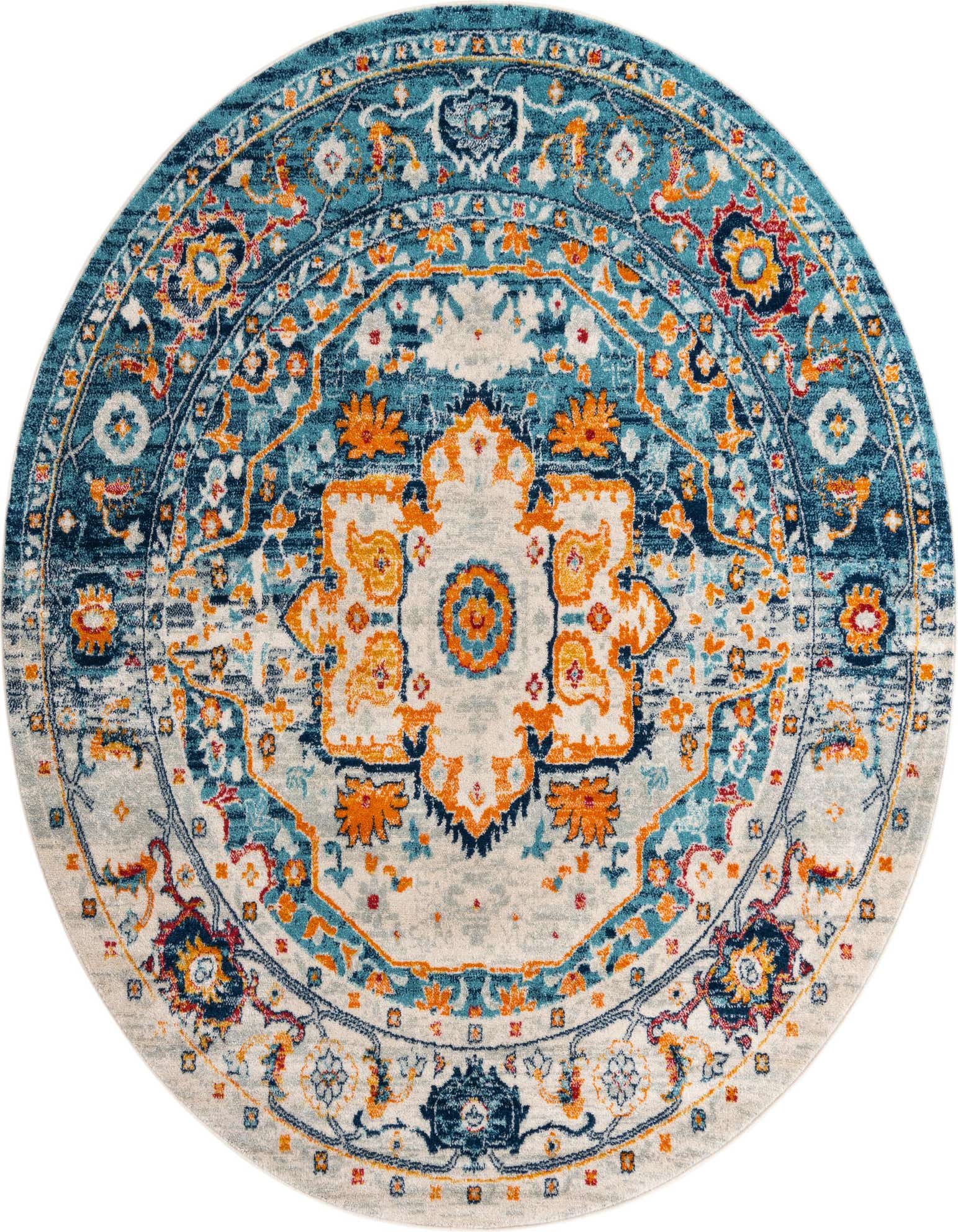 A 7' 10 round blue and green traditional medallion rug with orange and red accents, featuring a vintage distressed look.