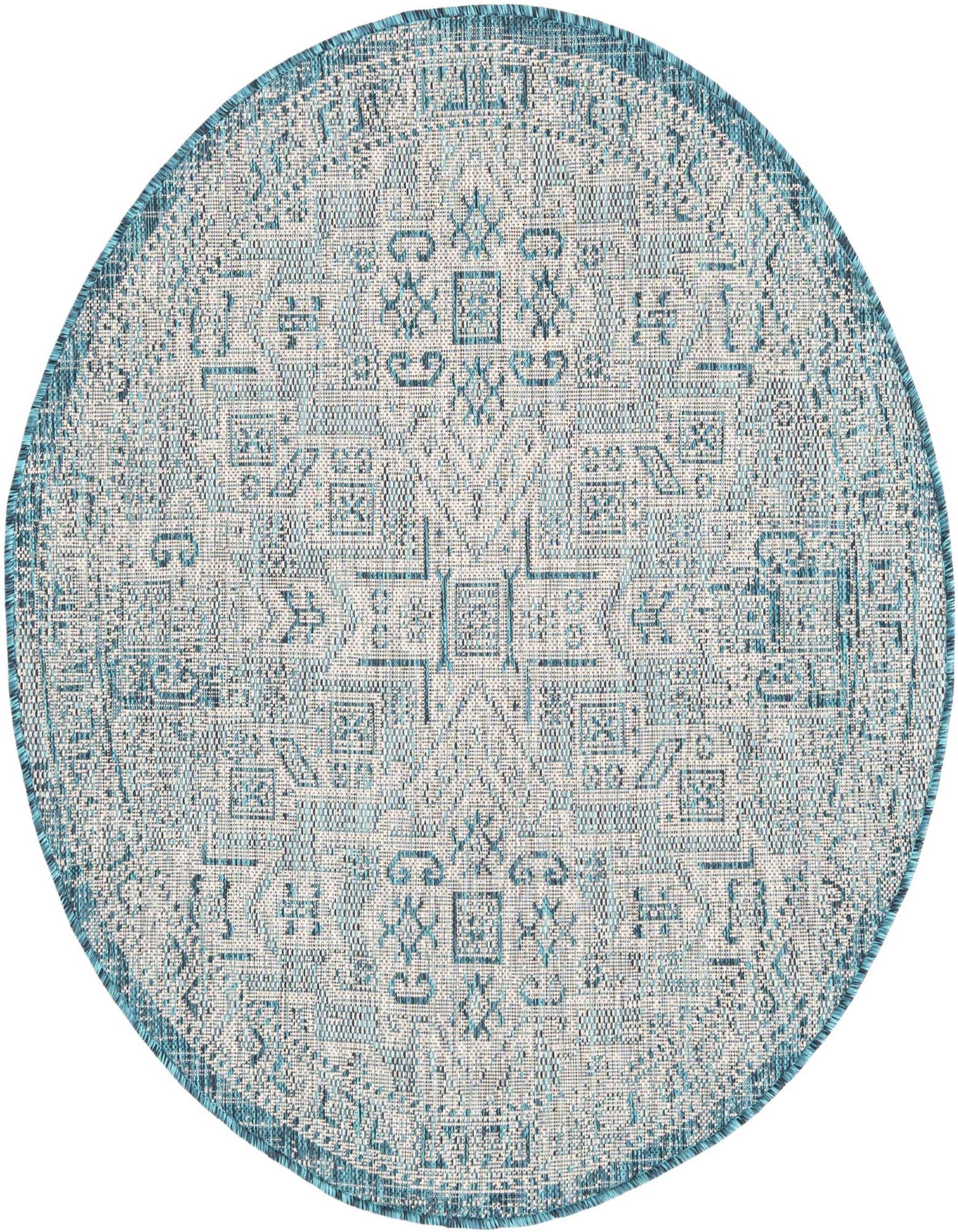 A 4' round Rugs.com Outdoor Aztec rug featuring a blue and off-white traditional tribal pattern, ideal for a patio.