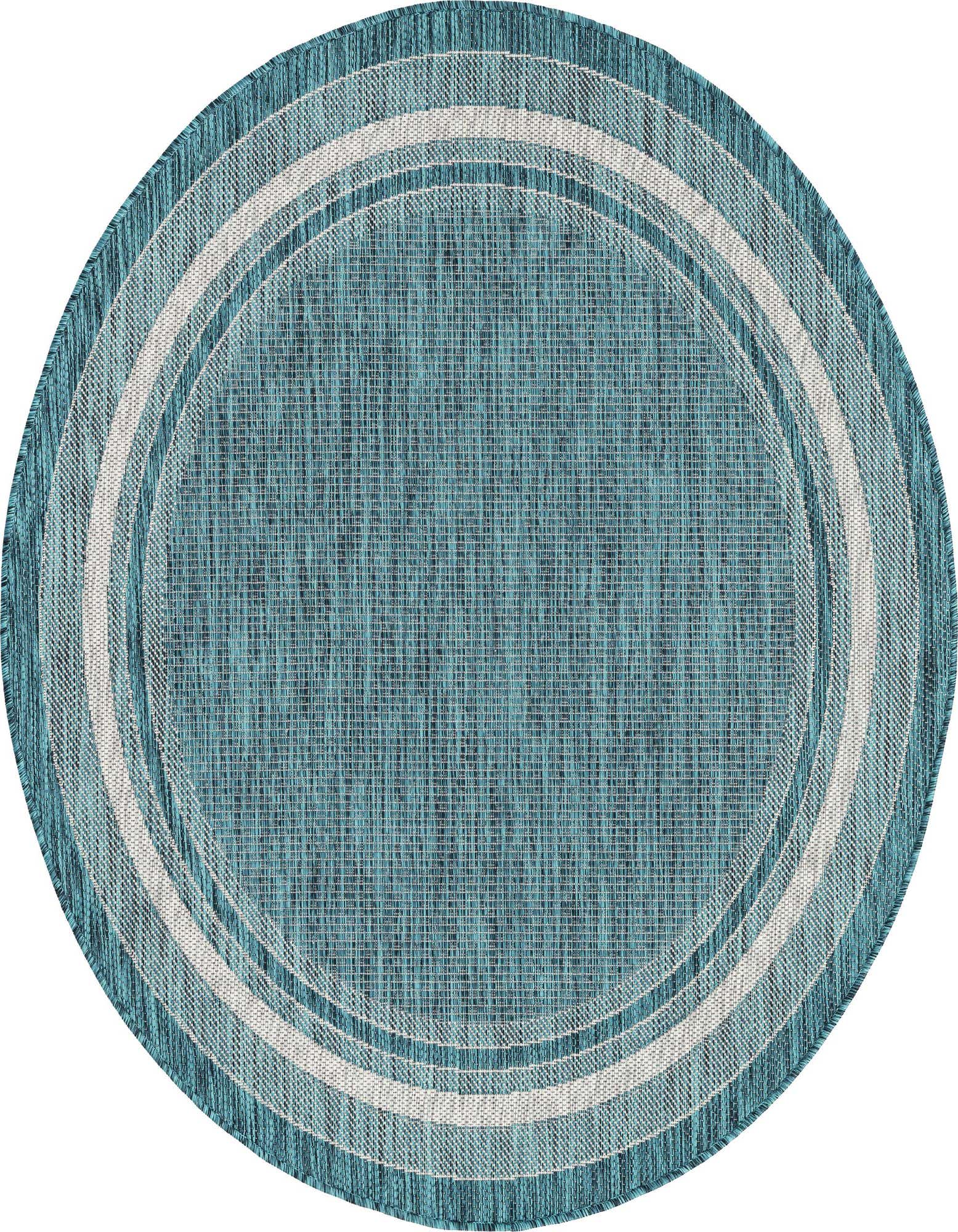 A round 5' 3" x 5' 3" teal and blue flatweave rug with a subtle striped border, suitable for indoor or outdoor use.