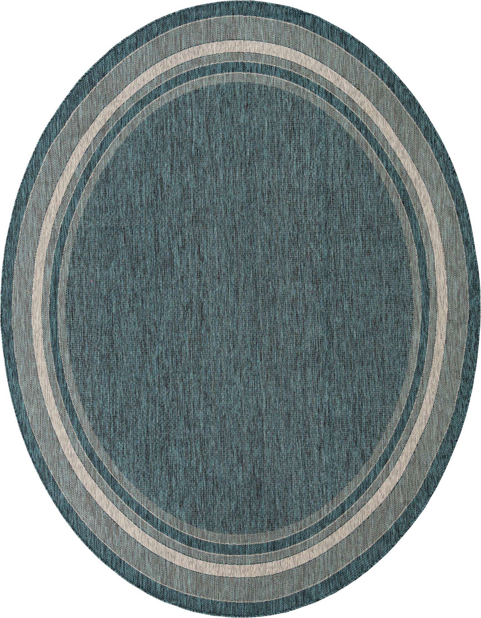 A 10' round blue and green outdoor rug with a modern striped border, ideal for a patio.