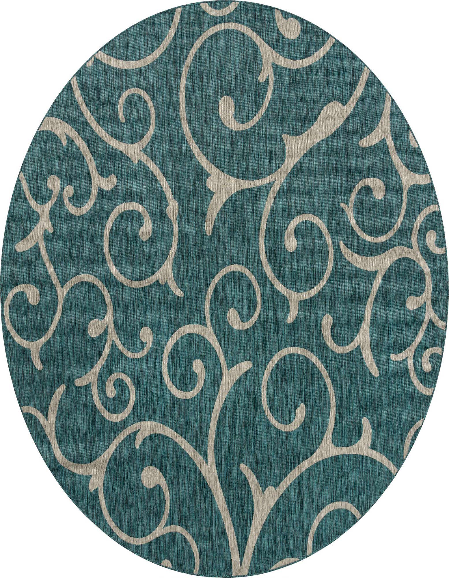 A 13' round blue and green outdoor rug with an intricate beige botanical scroll pattern, perfect for a patio.