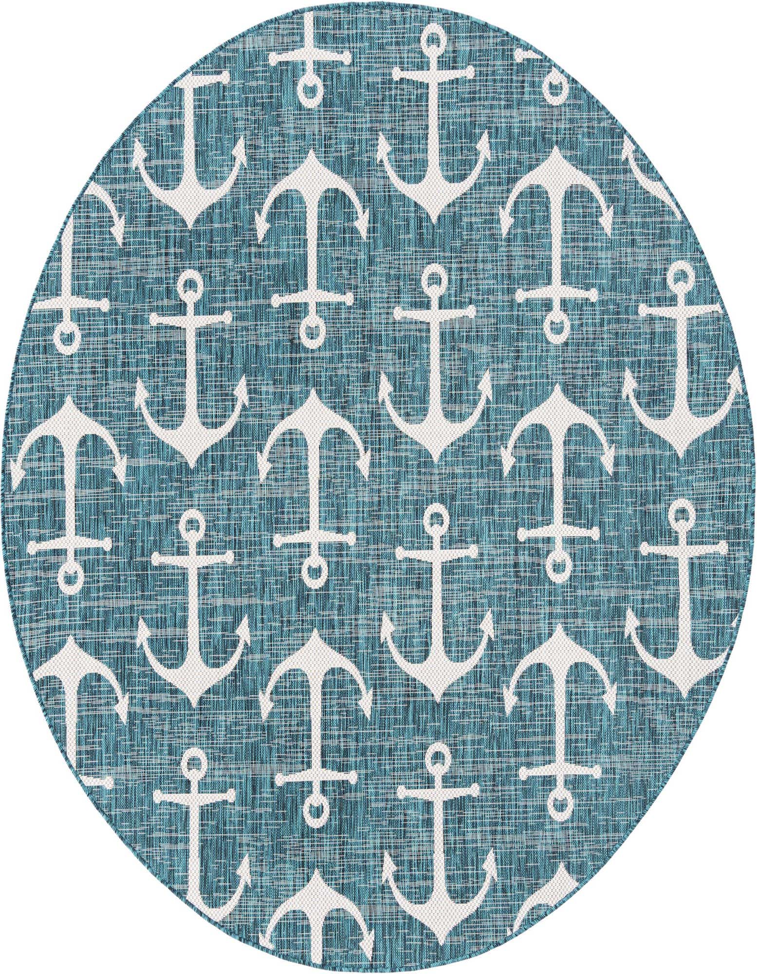Round blue and white outdoor rug featuring a repeating pattern of white anchors on a textured blue background.