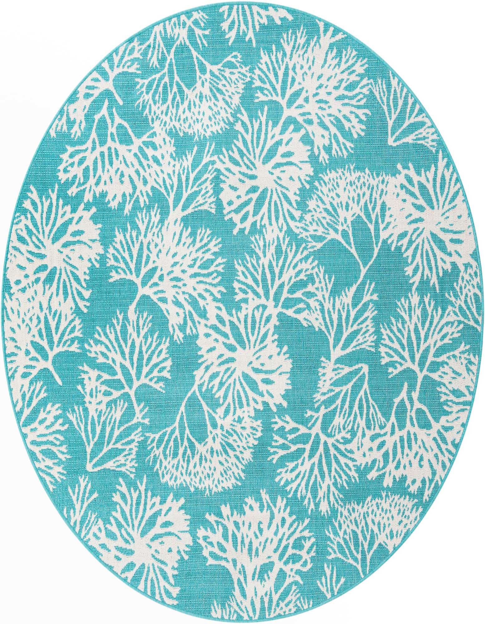 A round 7' 0 x 7' 0 blue and white rug with a modern beach/nautical coral pattern, suitable for indoor or outdoor use.