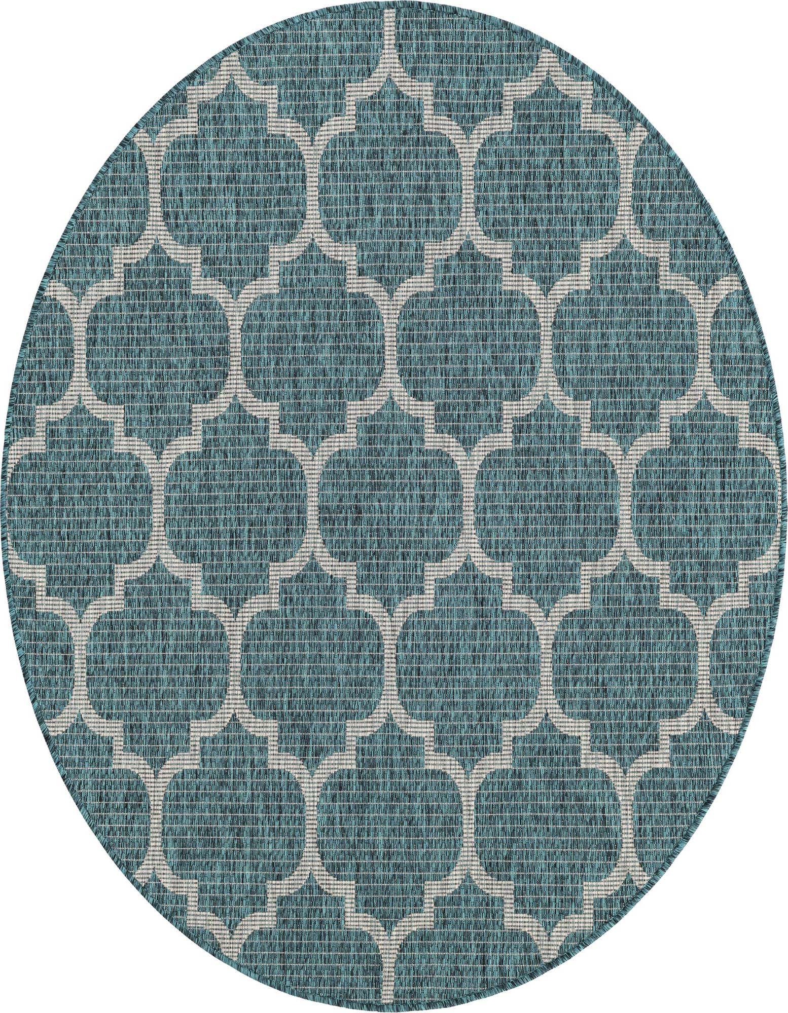A 5' 3 round blue and green indoor/outdoor rug with a modern trellis pattern, perfect for a patio.