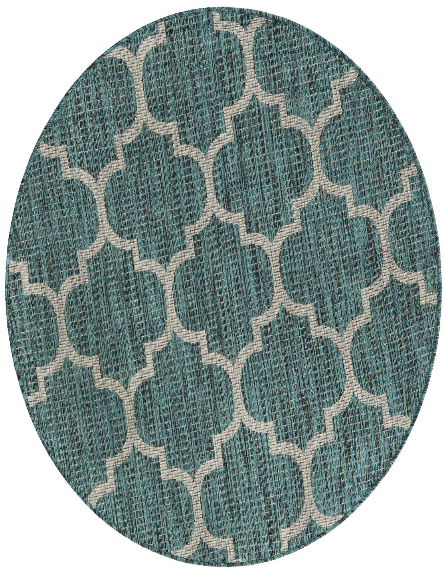 A round, 4' 0 x 4' 0 blue and green indoor/outdoor rug with a white trellis pattern, suitable for a patio.