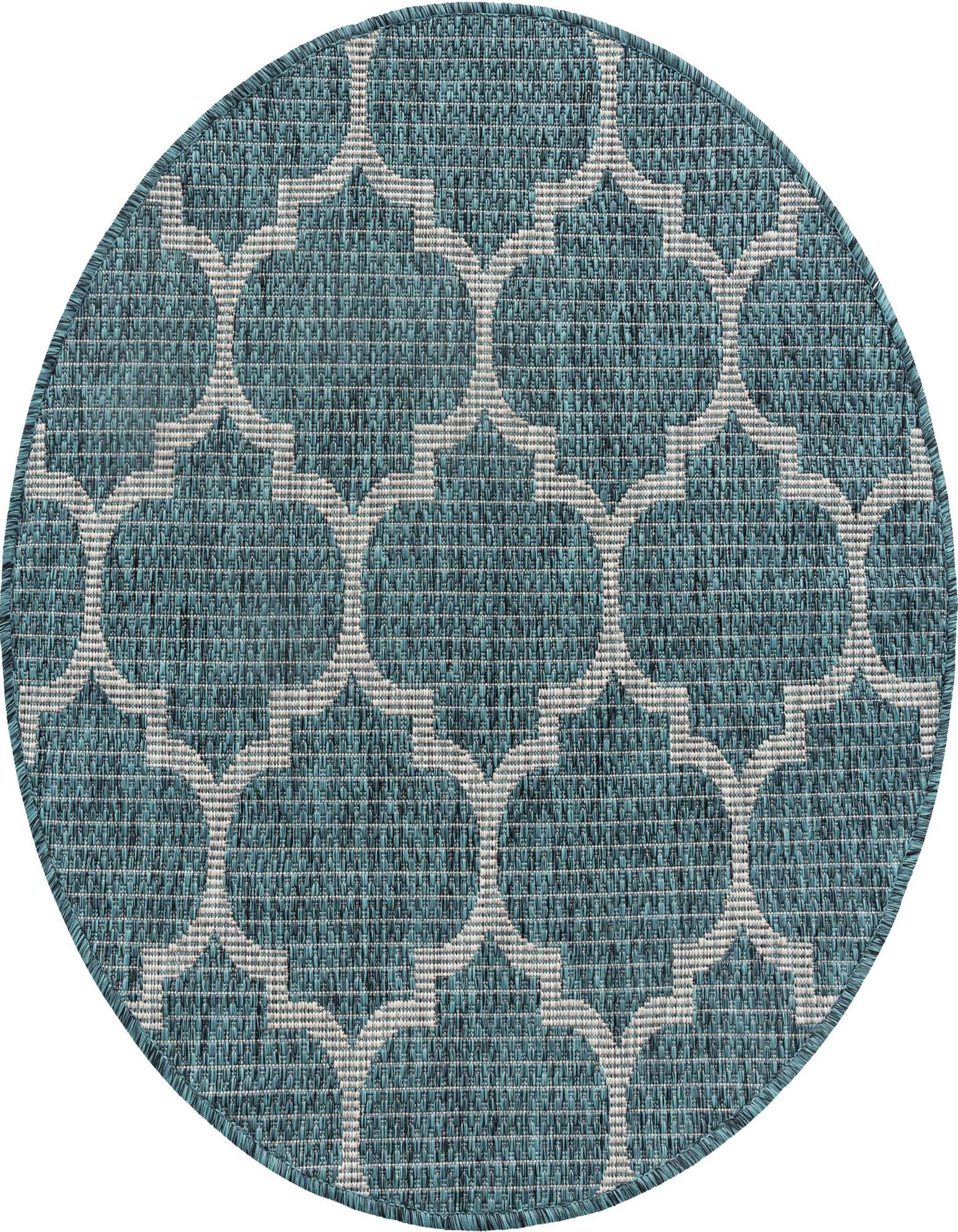 A round 3' 0 x 3' 0 blue and white trellis pattern rug, suitable for indoor or outdoor use.