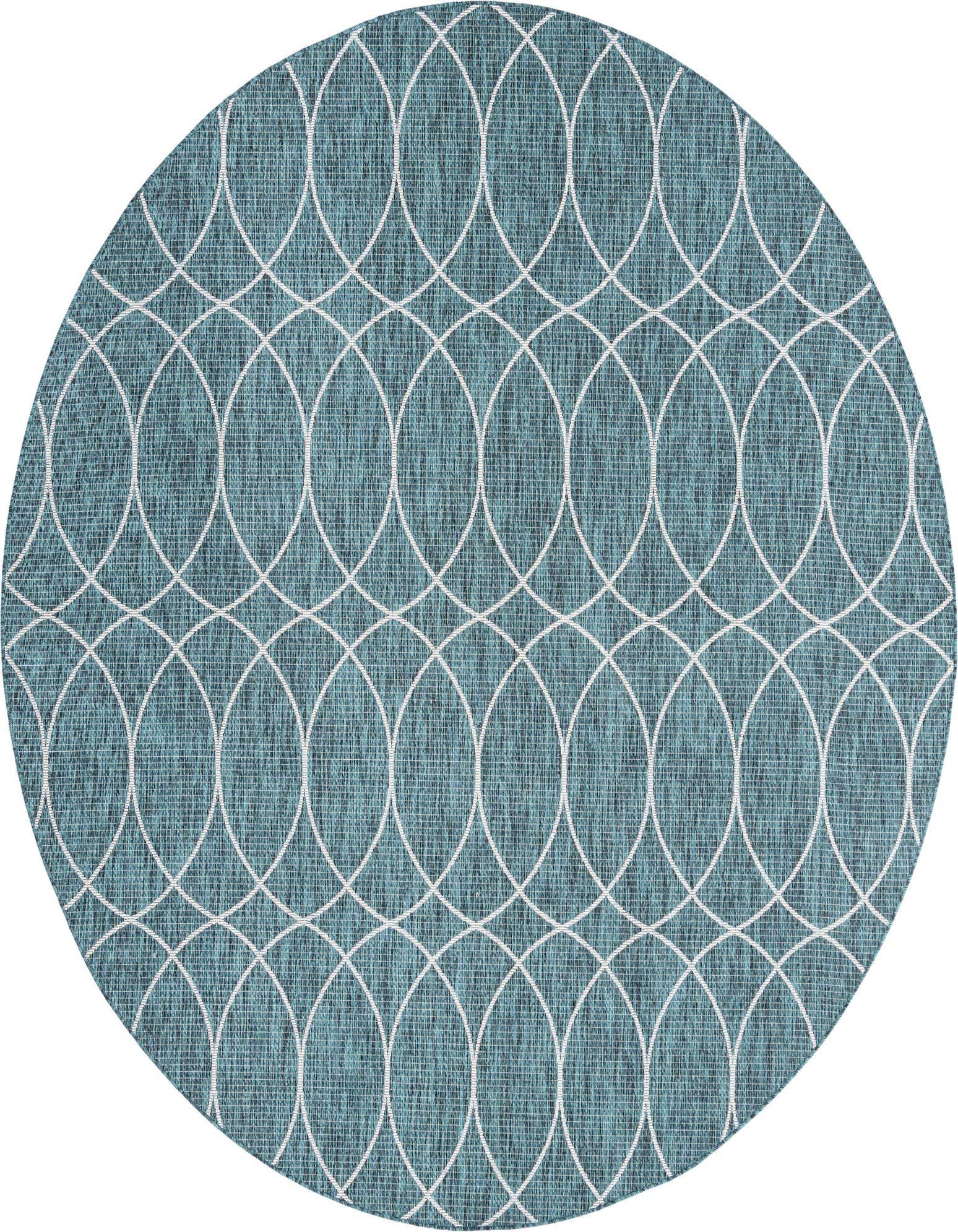 A 10' round blue and green outdoor rug with a modern white trellis pattern, suitable for a patio.