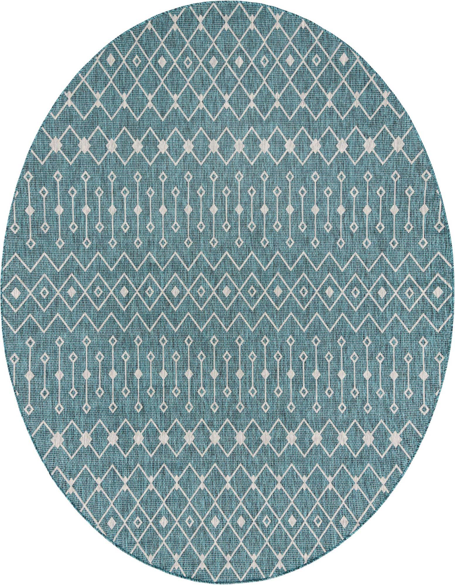 A large round teal blue and white tribal pattern rug, ideal for an indoor or outdoor patio space.