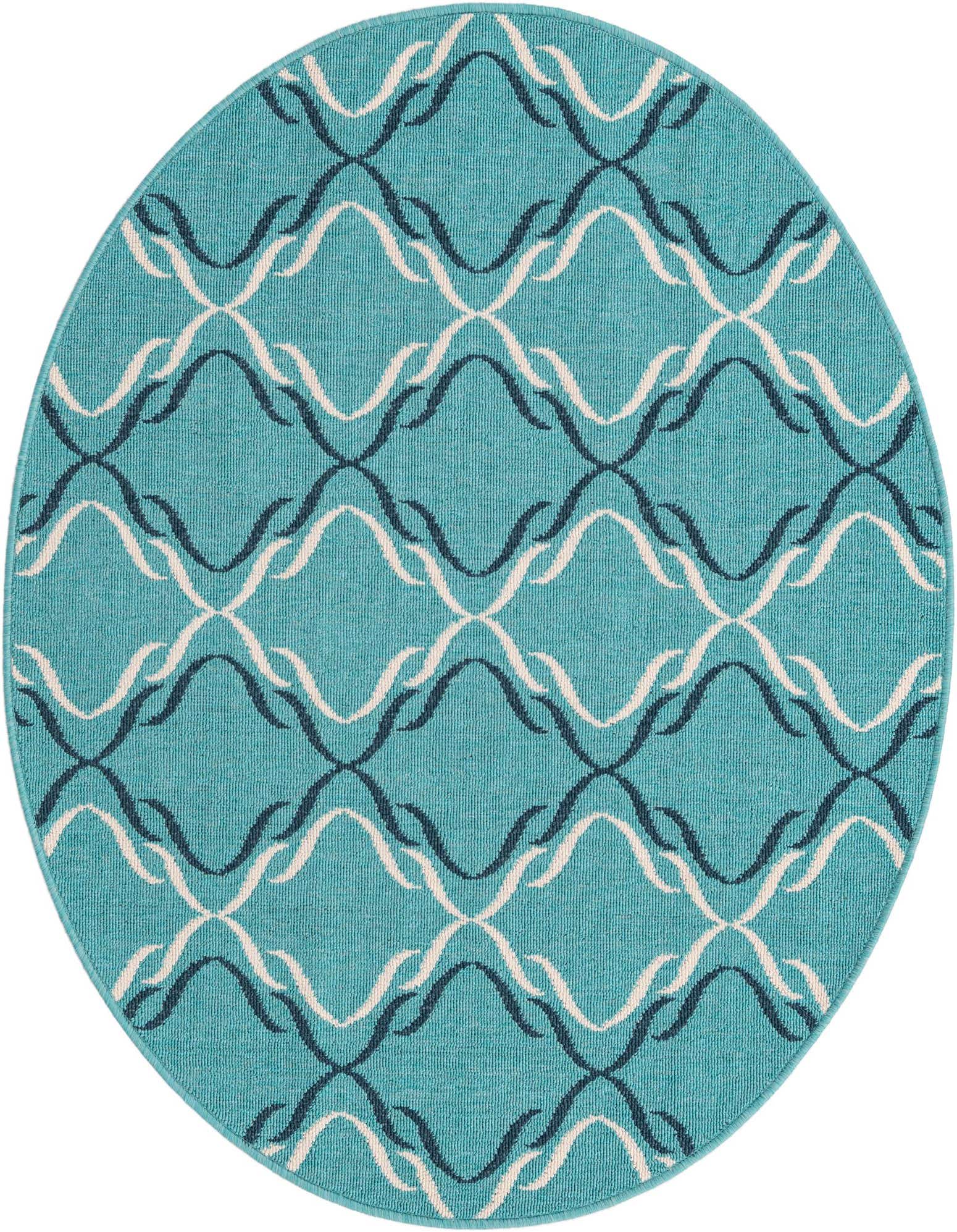 A 4' round teal rug with a modern wavy lattice pattern in white and dark blue, suitable for indoor or outdoor use.