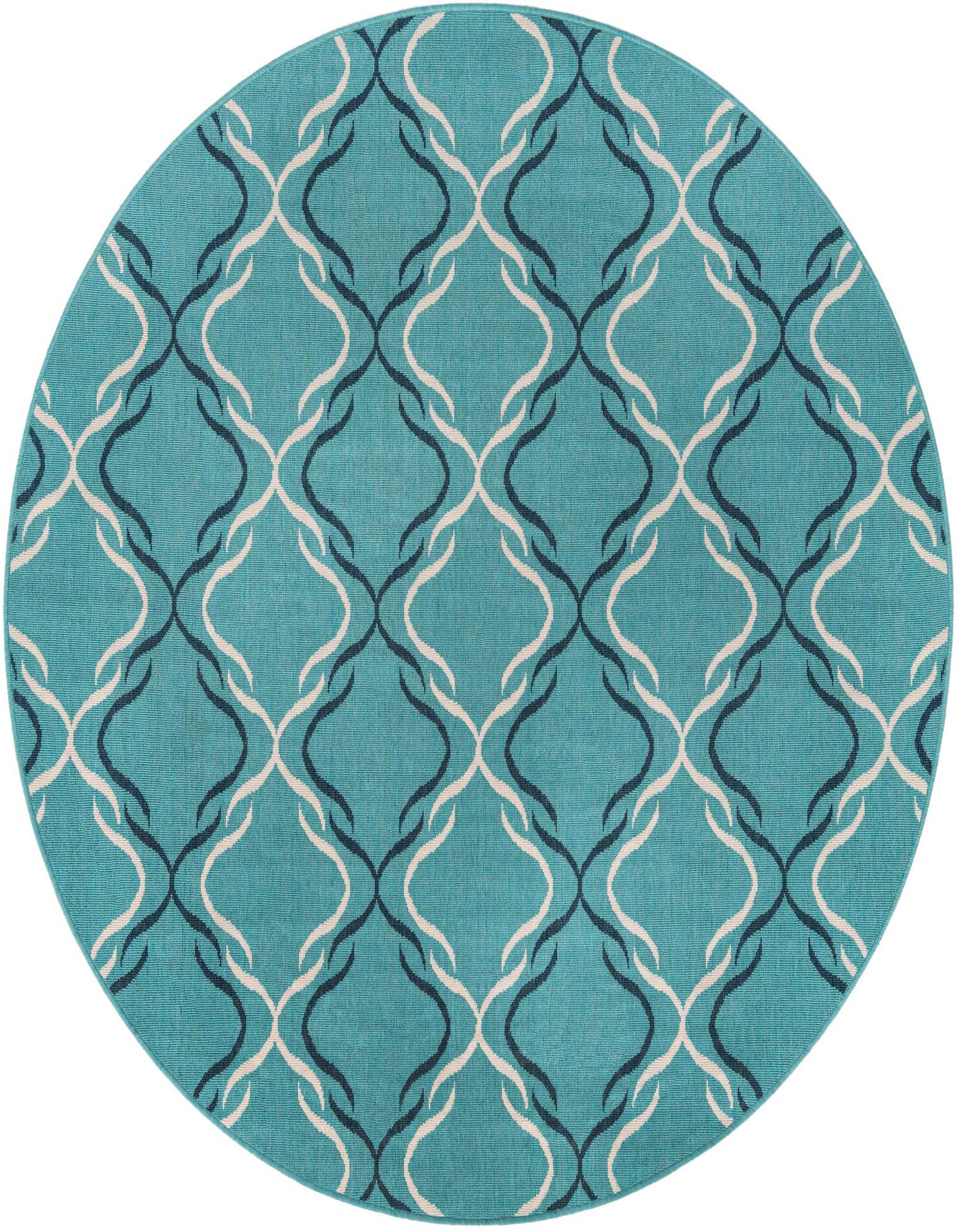 A 7' round teal rug with a modern lattice pattern in dark blue and off-white, suitable for a patio.