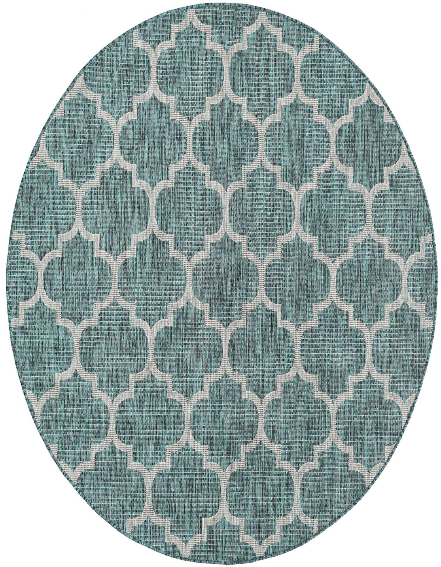 A 6' round blue and white modern lattice pattern rug, suitable for indoor or outdoor use.