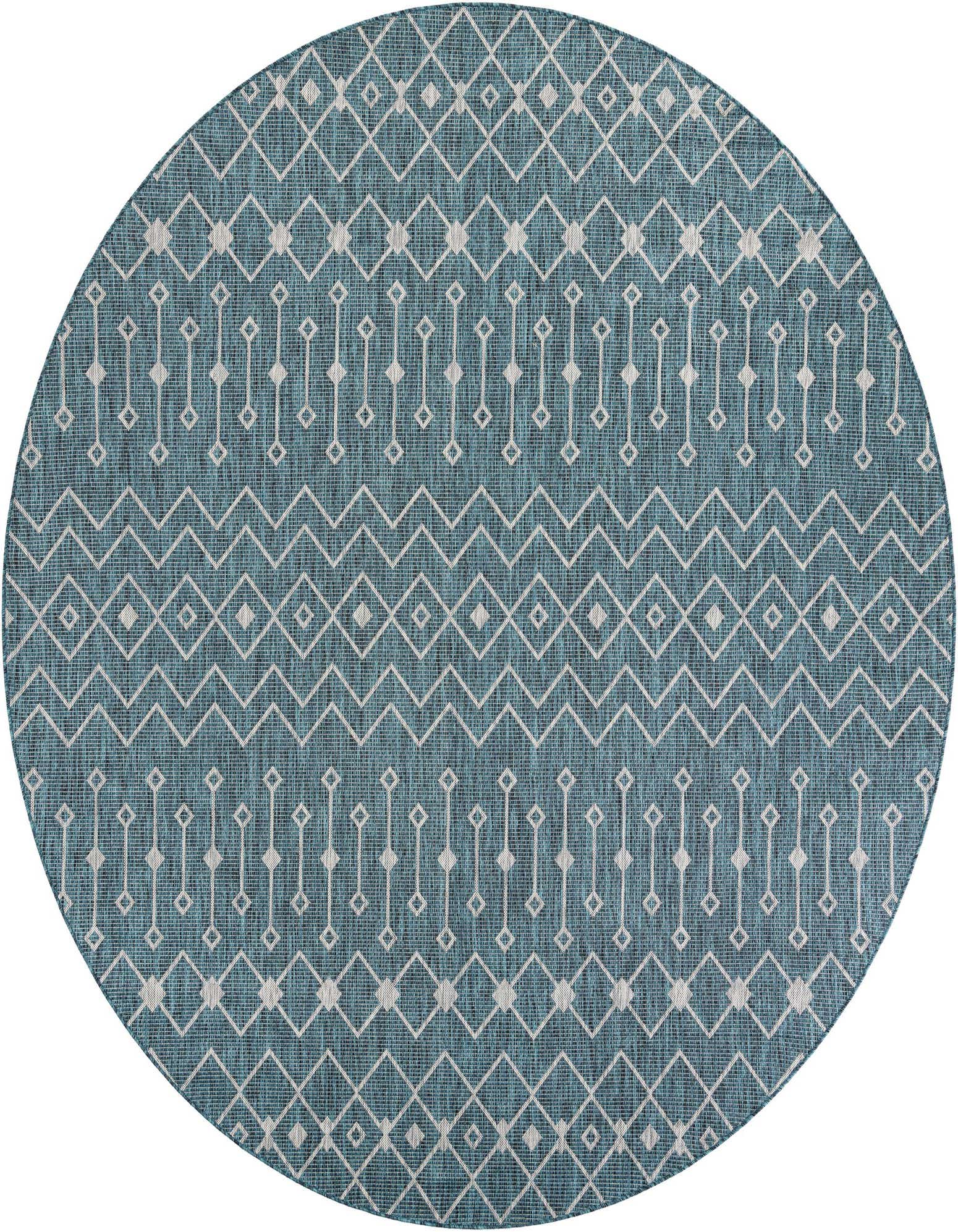 A 10' round blue and white modern trellis rug, suitable for indoor or outdoor use on a patio.