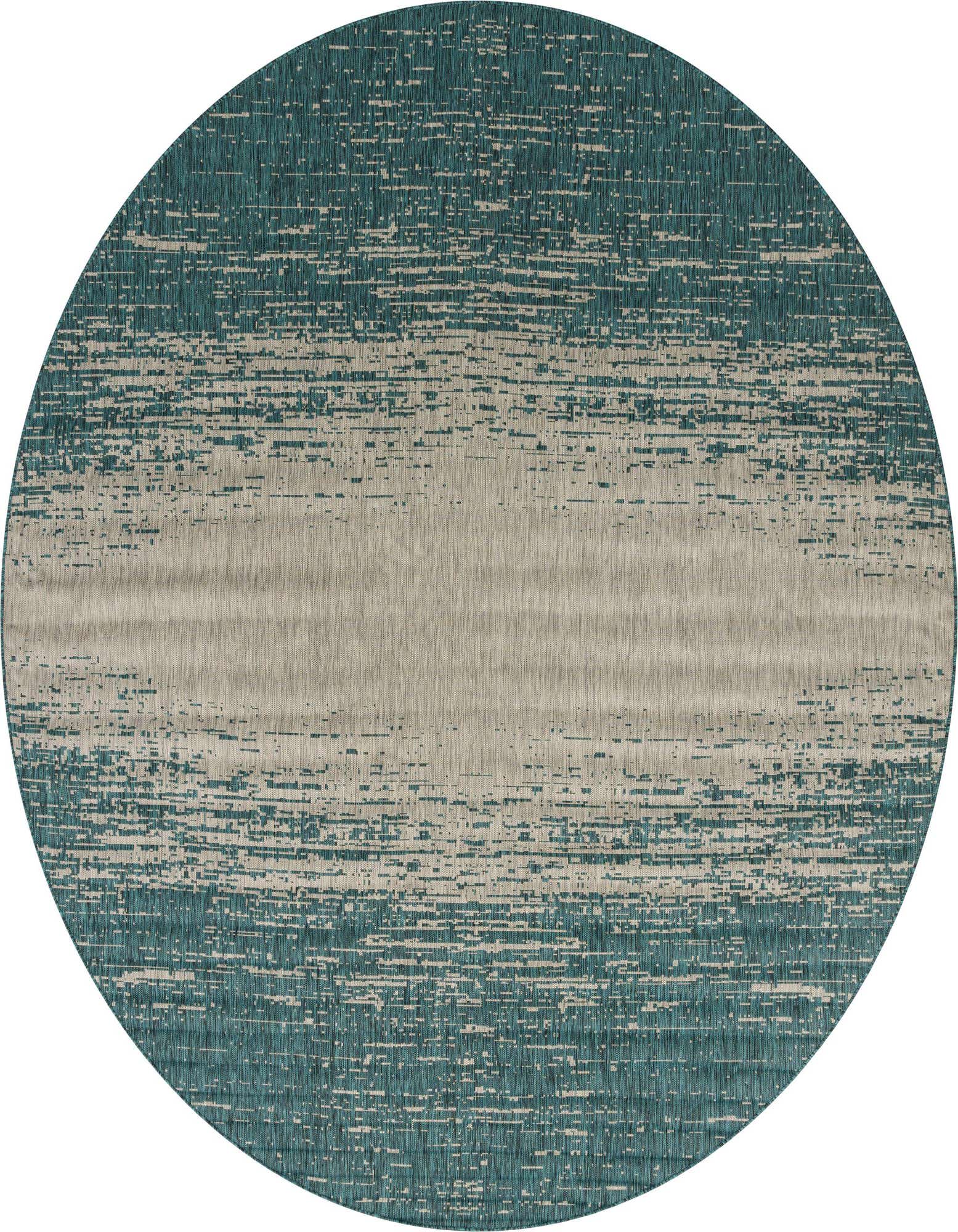 Round indoor/outdoor rug with an abstract teal and beige horizontal stripe pattern, ideal for a patio.