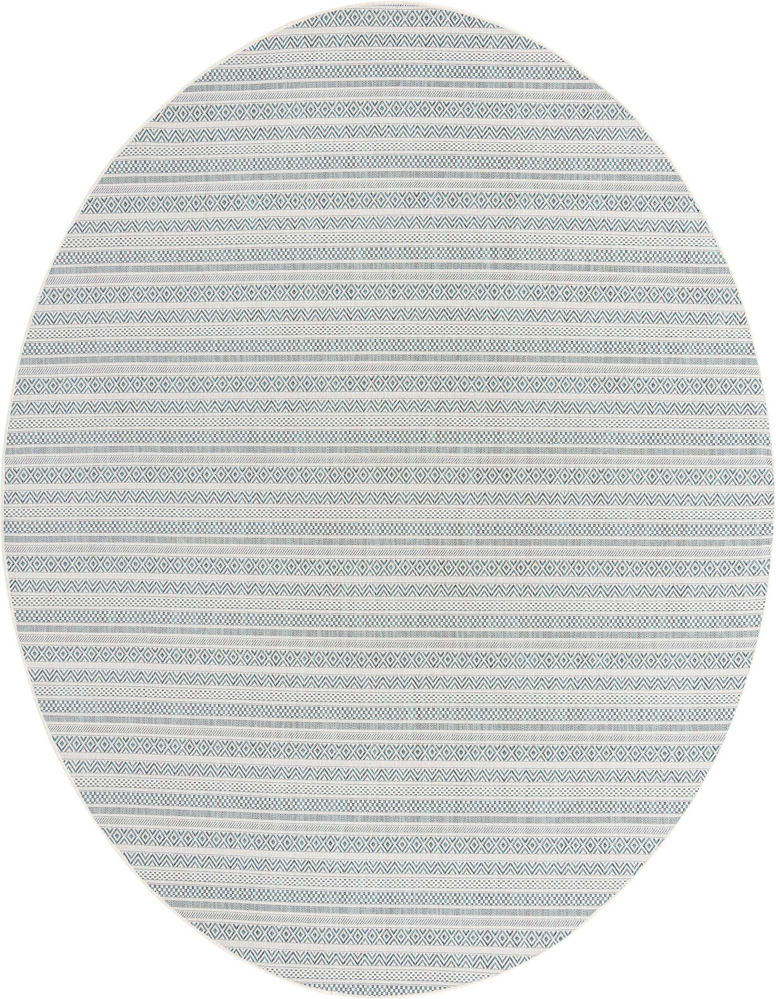 A 10-foot round indoor/outdoor rug with a modern tribal pattern in shades of blue and green, featuring horizontal stripes and geometric motifs.