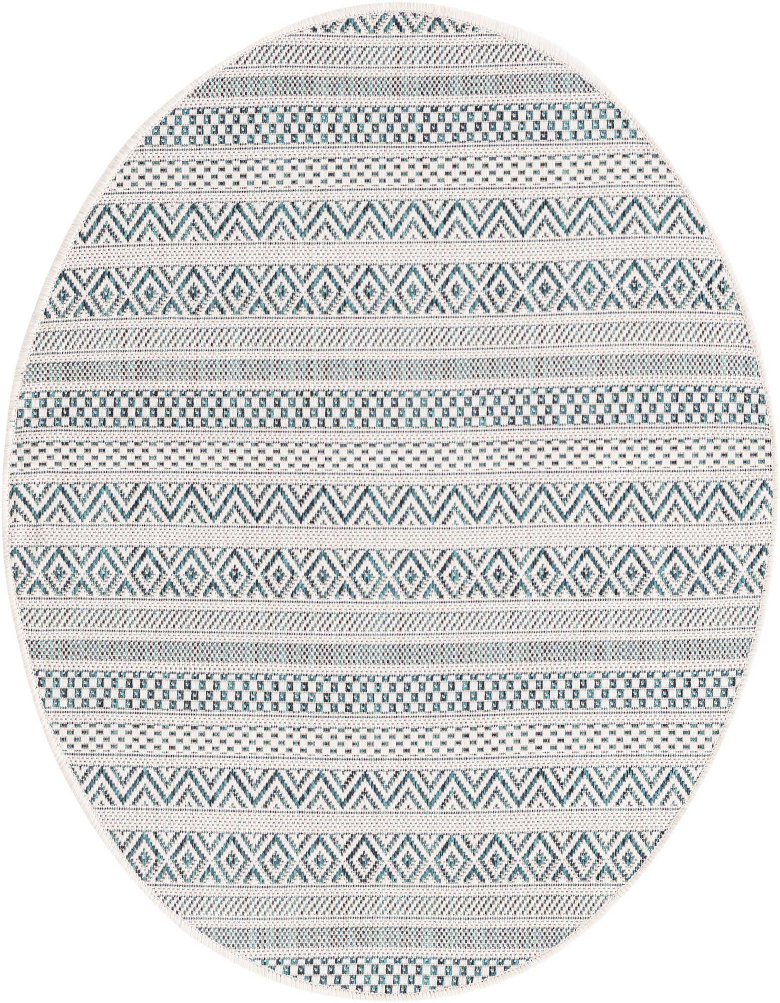 A round 3' x 3' indoor/outdoor rug with a tribal pattern in shades of blue, green, and white.