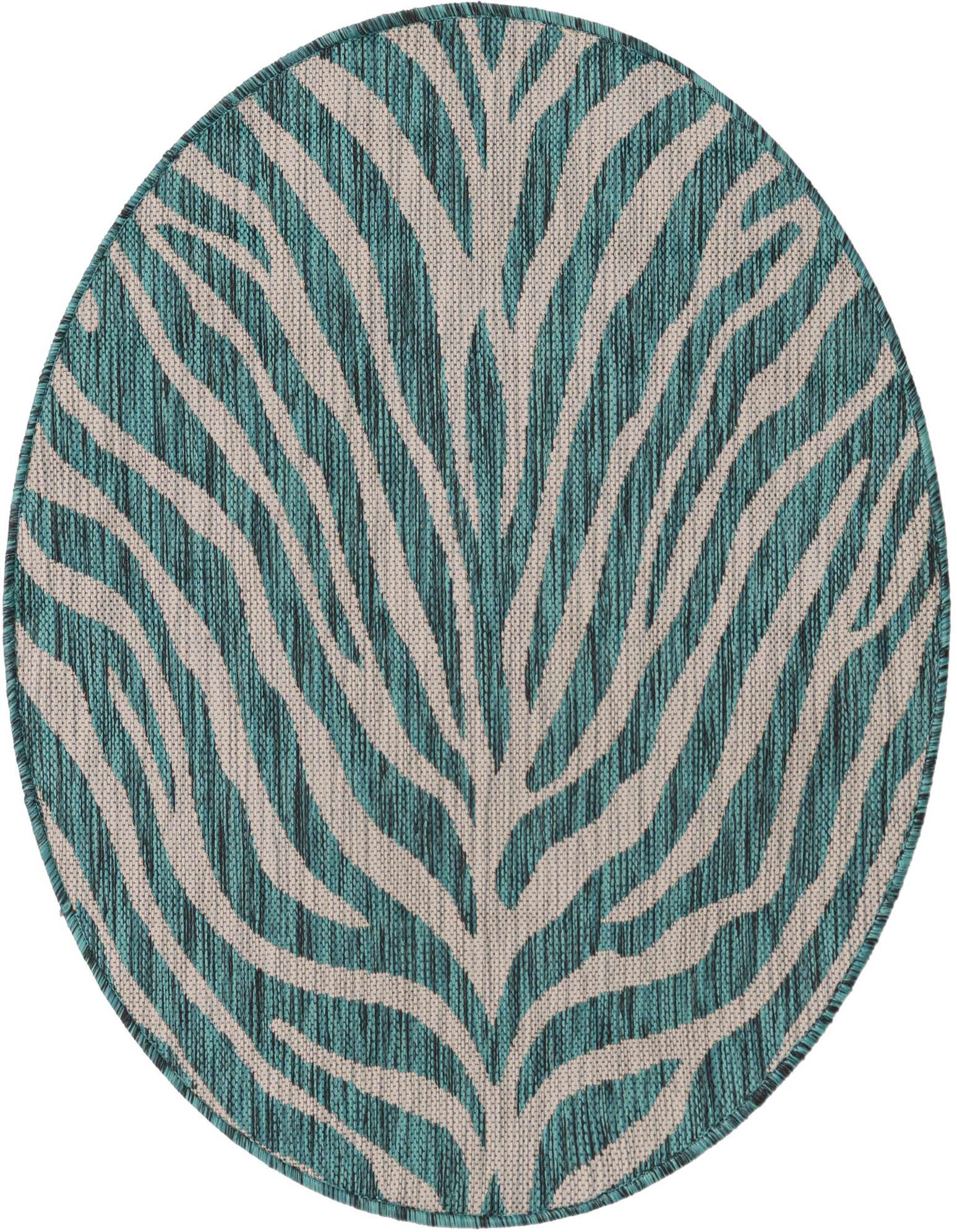 A 3' round blue and beige rug with a modern, abstract stripe pattern resembling zebra stripes or palm fronds, suitable for indoor or outdoor use.