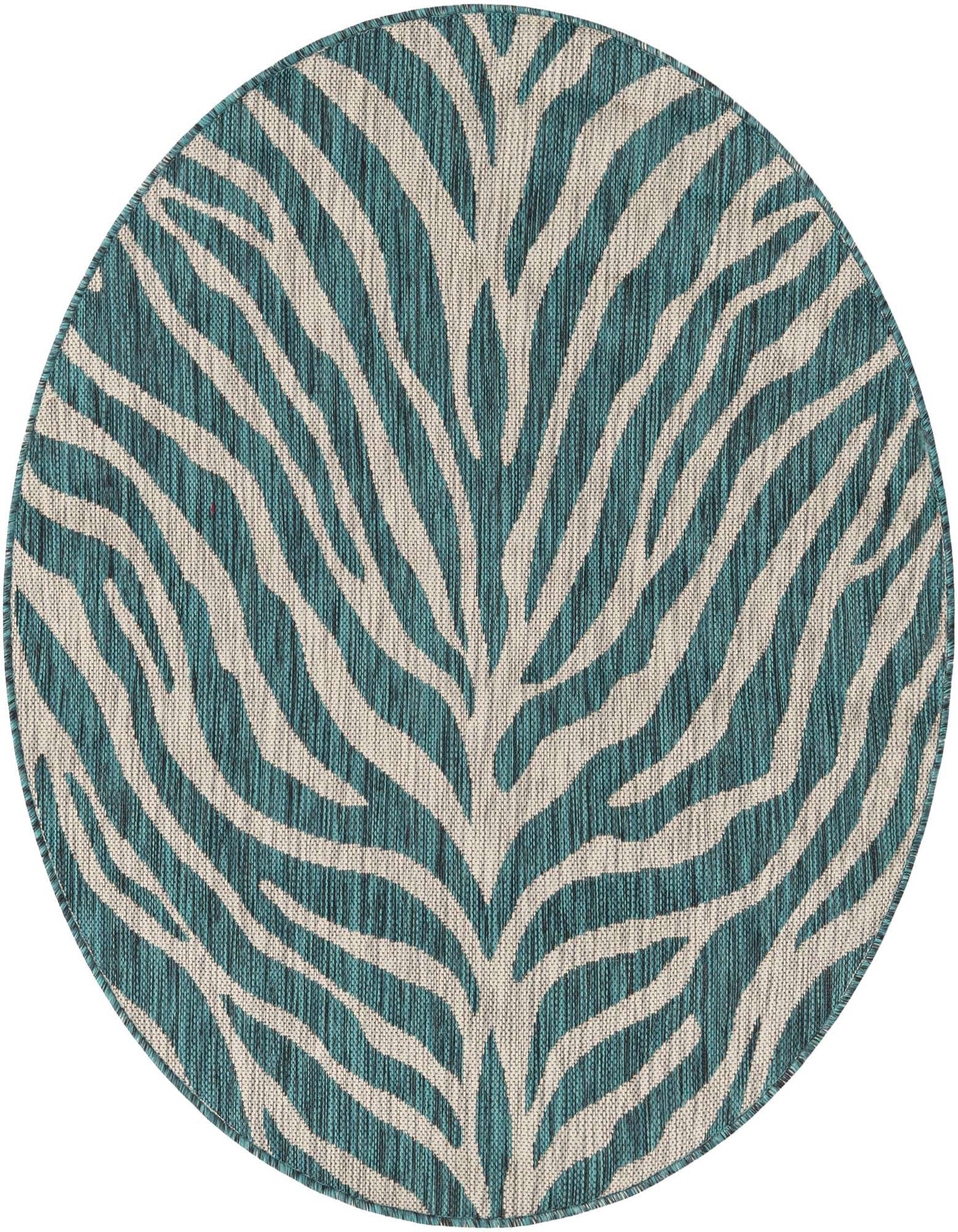 A round 4' 0 x 4' 0 Rugs.com Outdoor Safari rug with a modern blue and cream zebra stripe pattern.