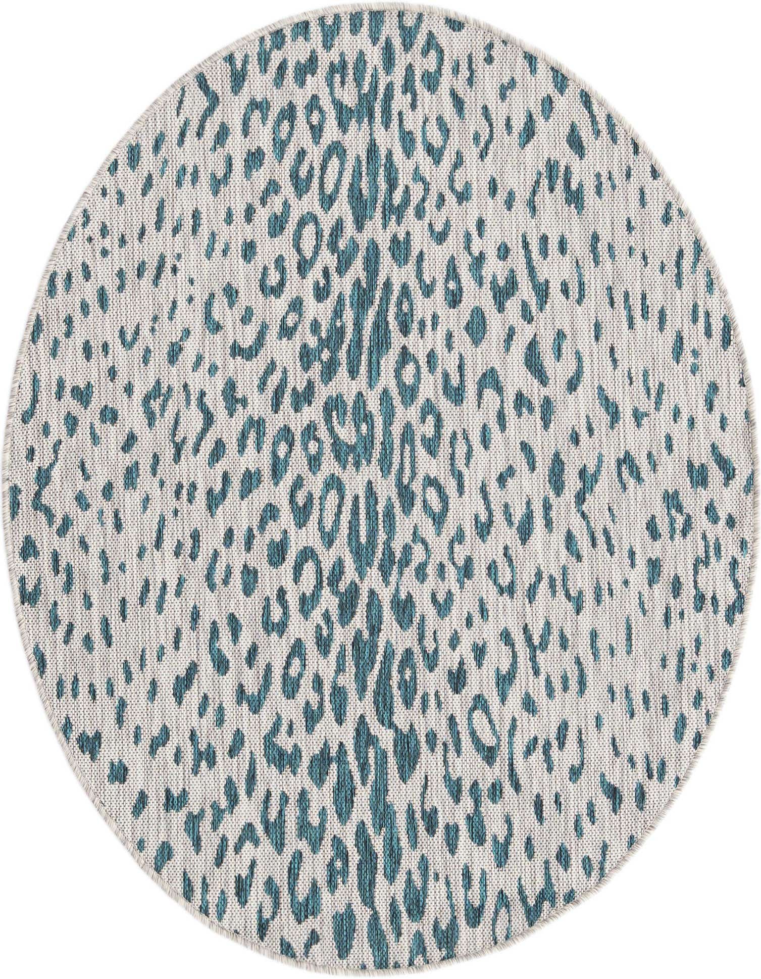 A 4' round indoor/outdoor rug with a modern teal blue and green leopard print pattern on a light background.
