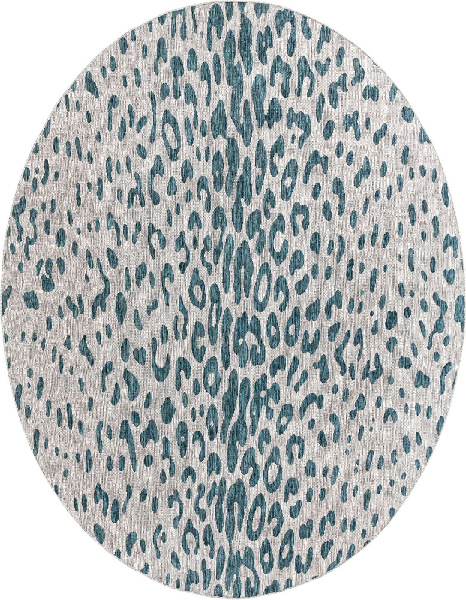 A 13' round indoor/outdoor rug featuring a modern blue and green leopard print pattern on a light background.