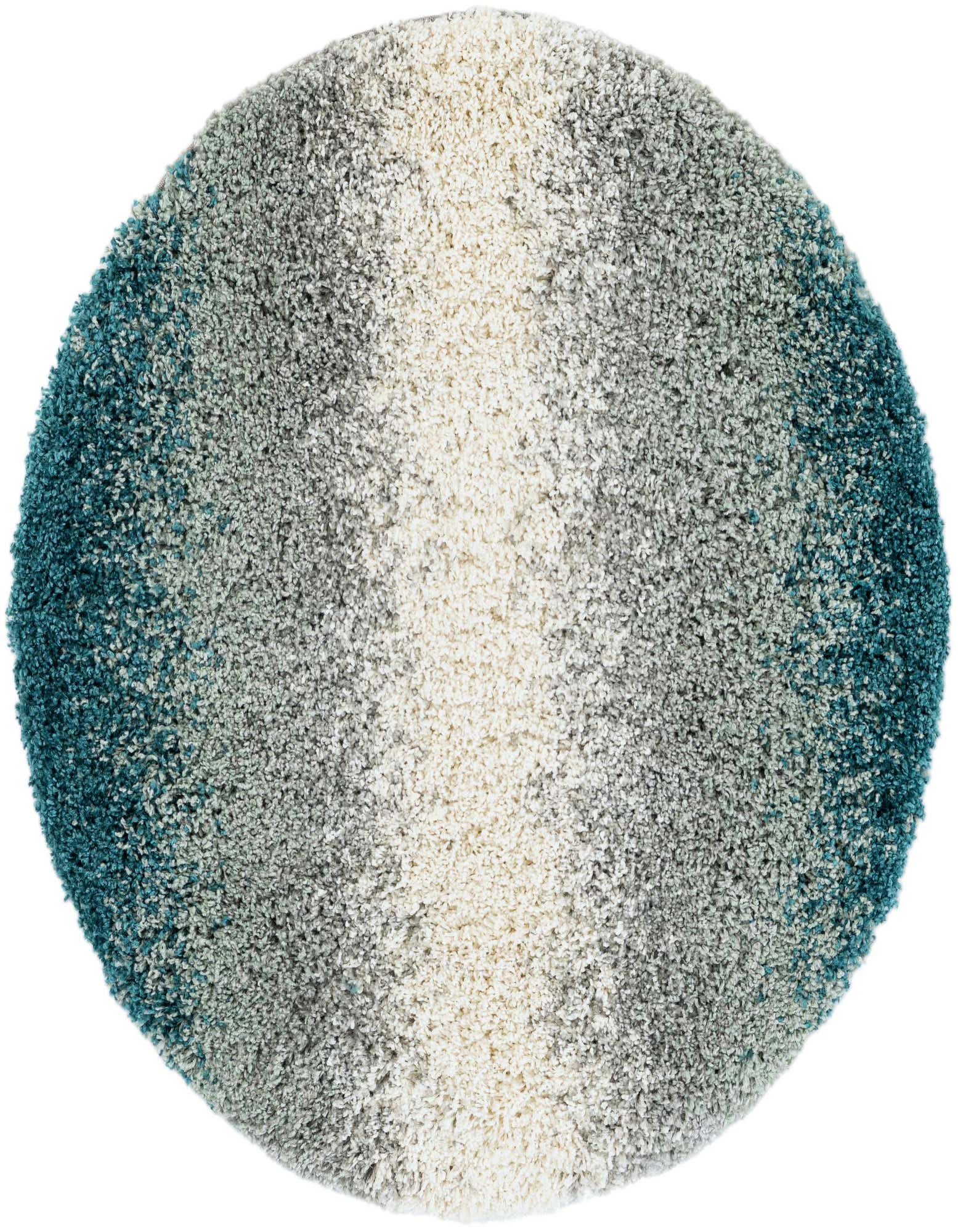 A round 3' 3 x 3' 3 Soft Touch Shag rug featuring a modern ombre design in shades of blue, green, and cream.