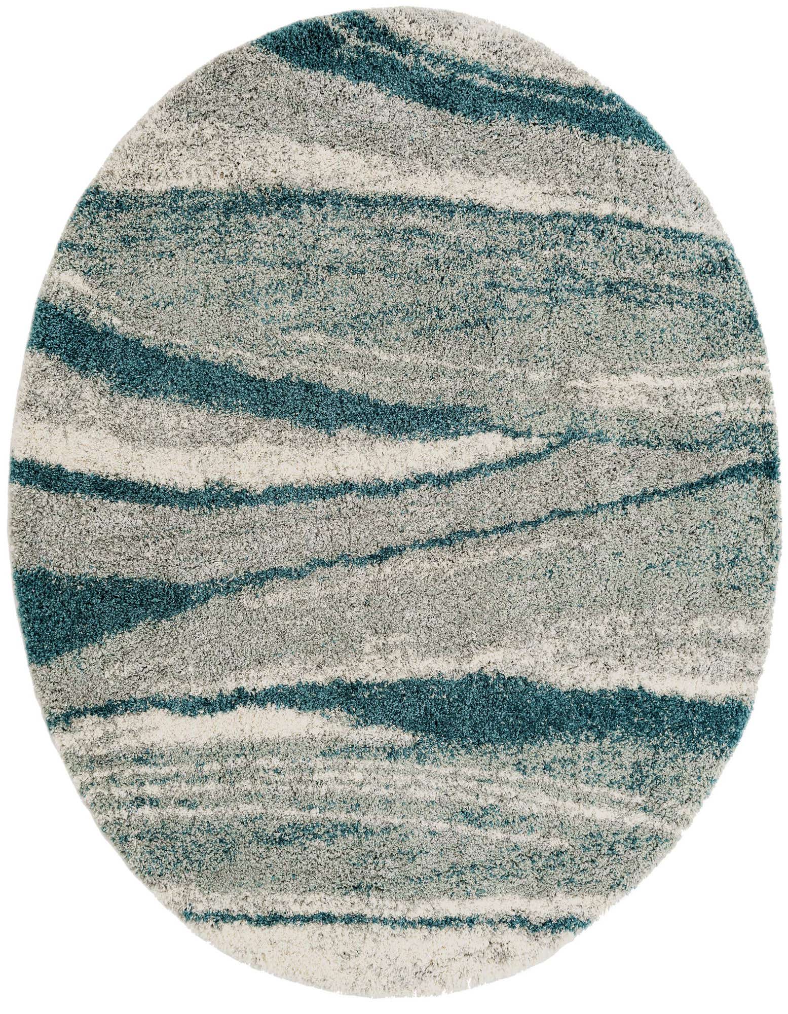 A round 7' 10 x 7' 10 modern shag rug featuring abstract waves of teal, light blue, and cream colors.