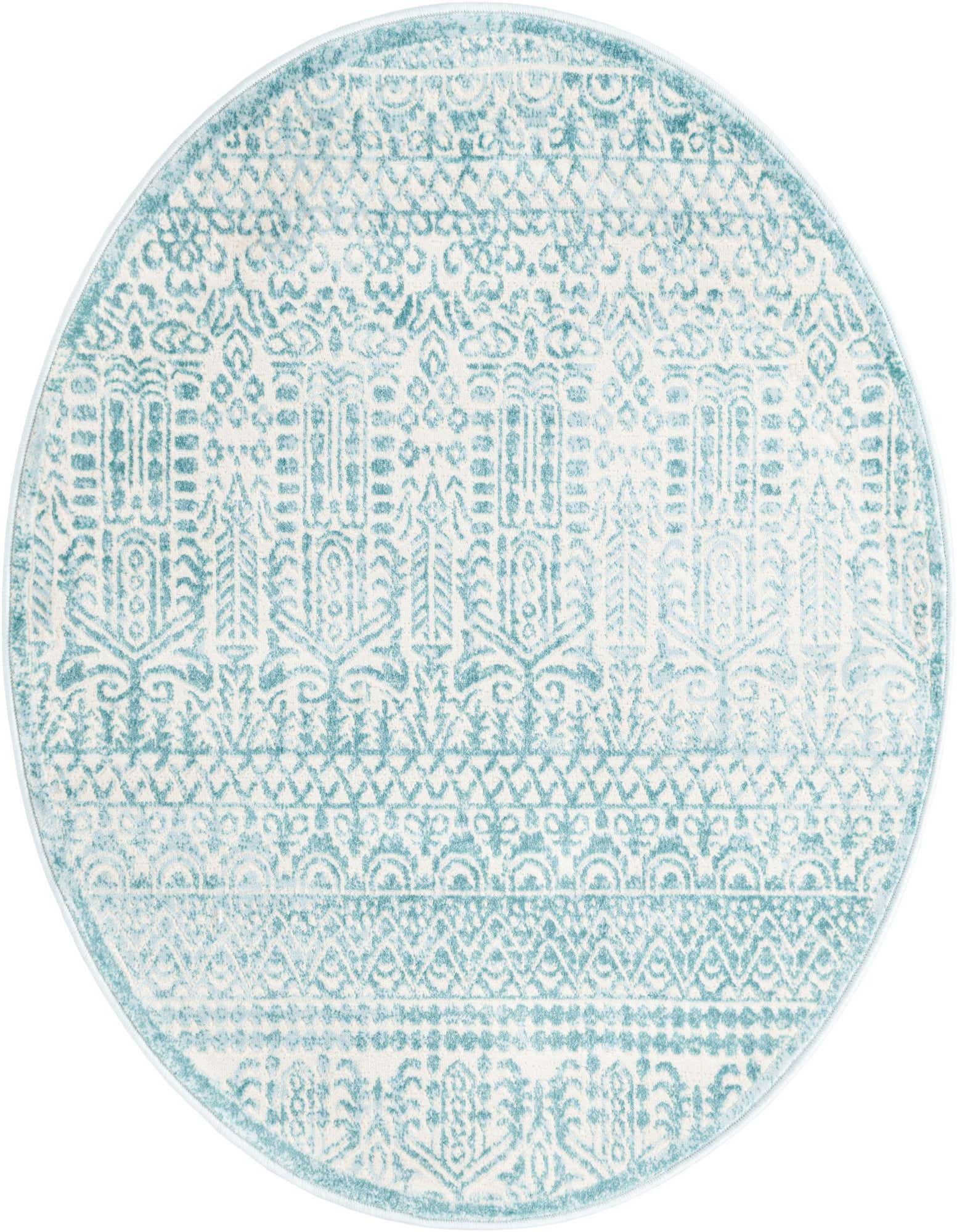 A 3' 3 x 3' 3 round Uptown rug by Rugs.com, featuring a distressed blue and cream farmhouse pattern.