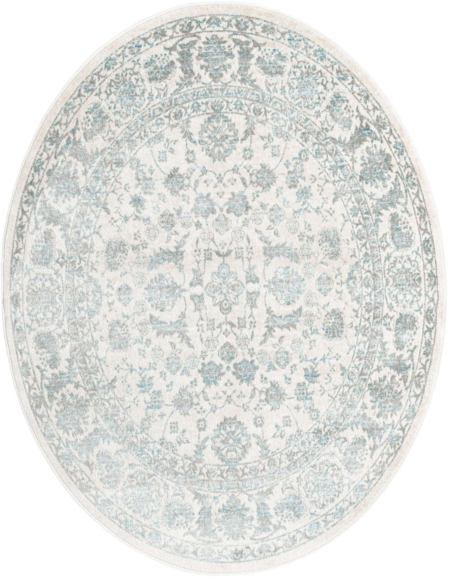 A 5' 3 round Uptown rug by Rugs.com with a traditional floral pattern in blues and greens on a light background.