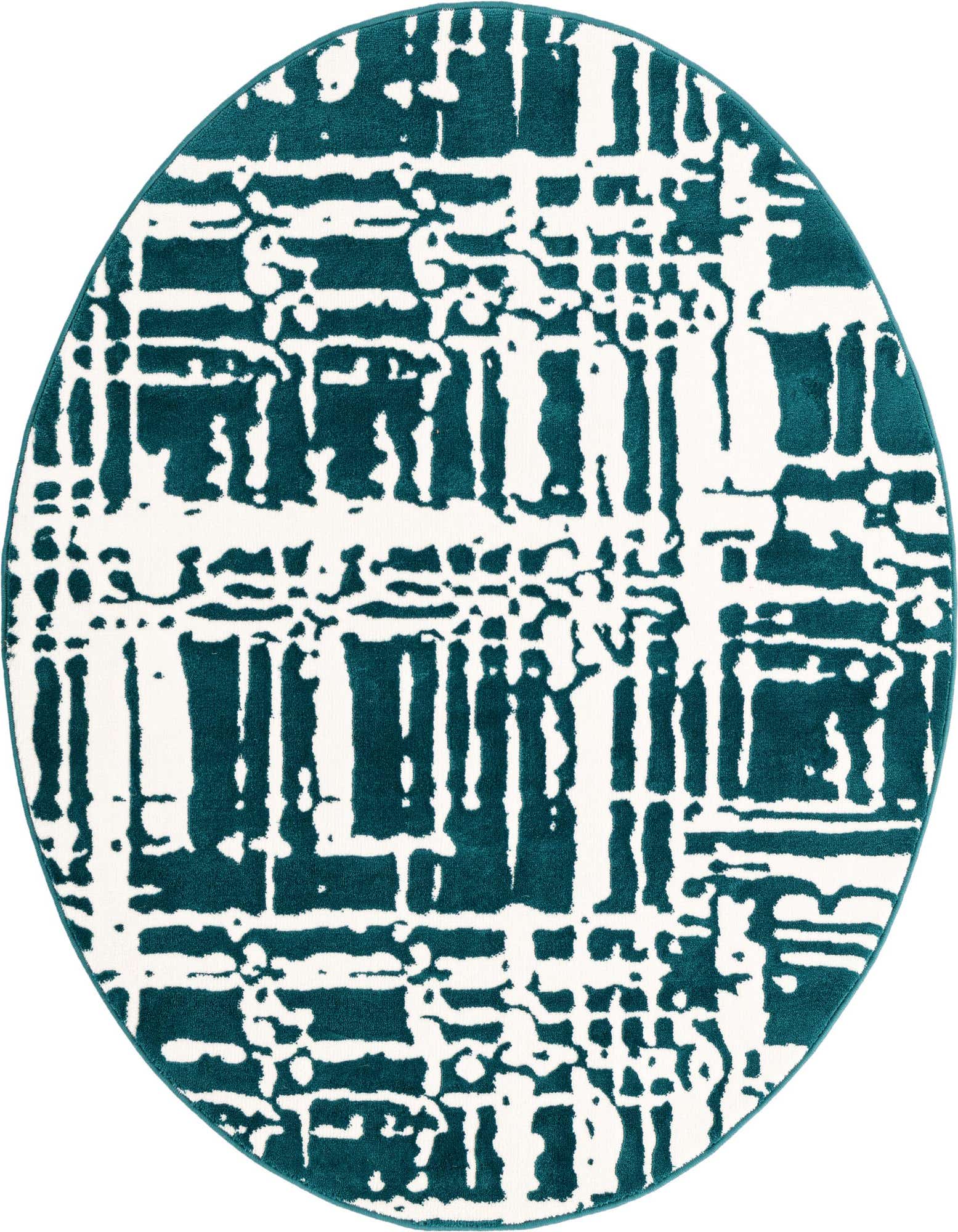 A 4' round teal and white abstract rug with a textured, high pile, perfect for a modern living space.