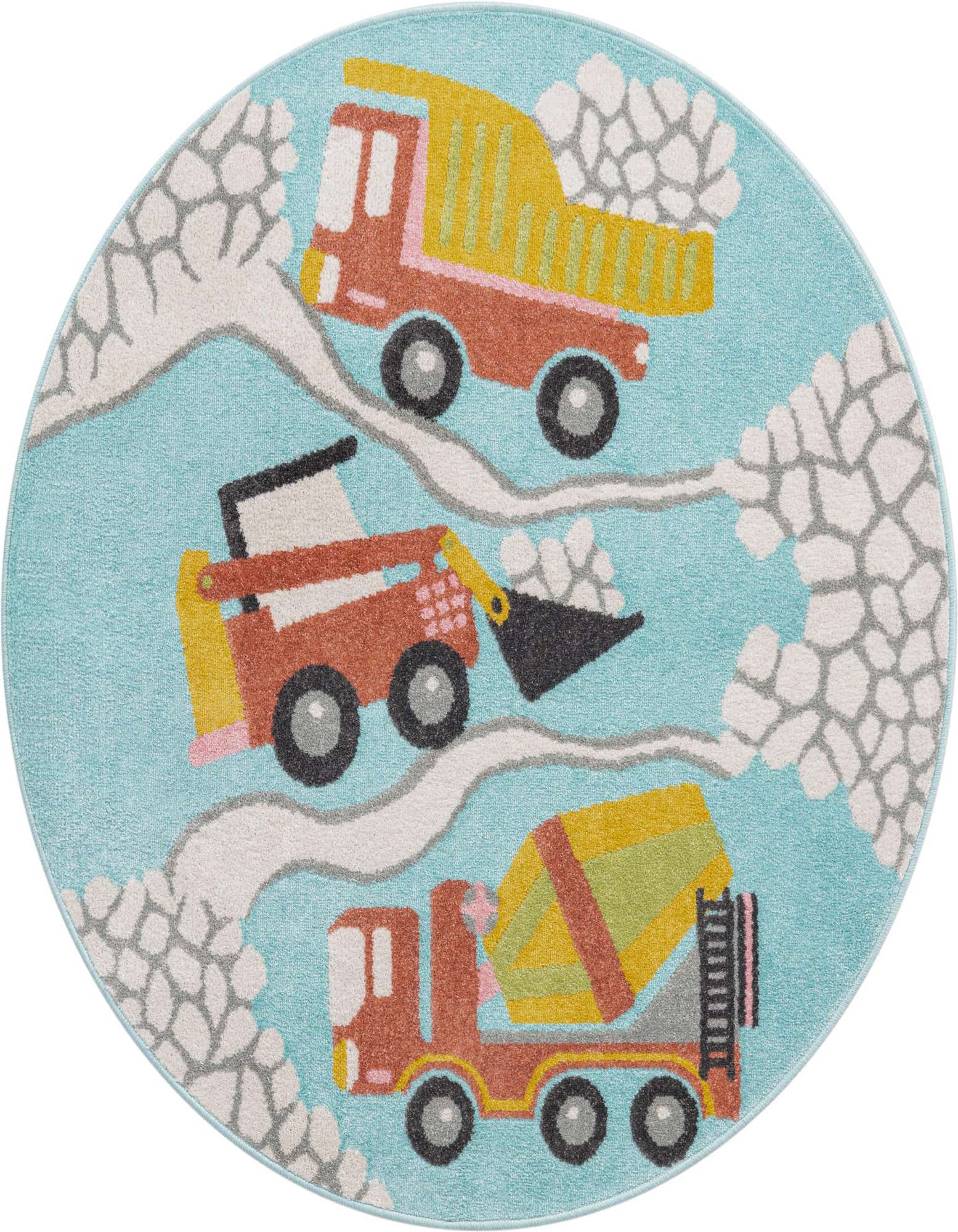 Round blue rug featuring three construction vehicles: a dump truck, an excavator, and a cement mixer, with white and gray road patterns.