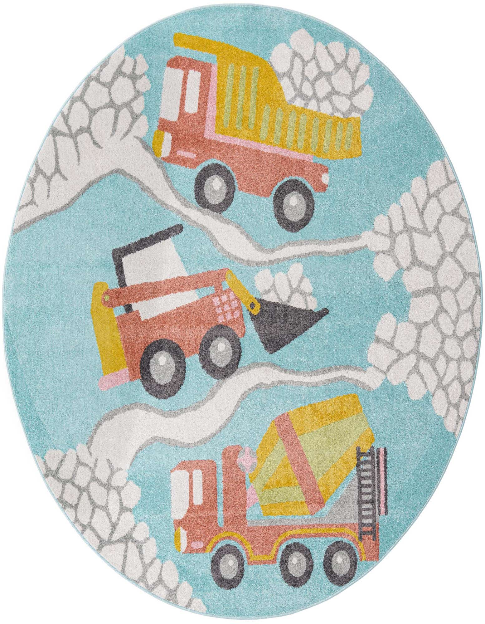 A round blue rug featuring three construction vehicles: a dump truck, a skid-steer loader, and a cement mixer, on a road with white and grey rocks.