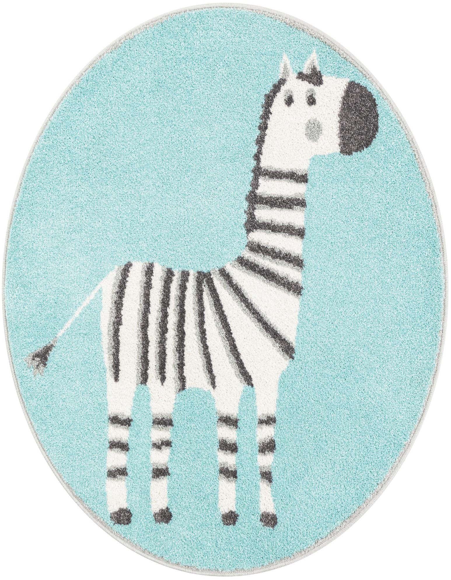 A round blue rug featuring a whimsical white and black striped zebra with a gray border, perfect for a child's room.