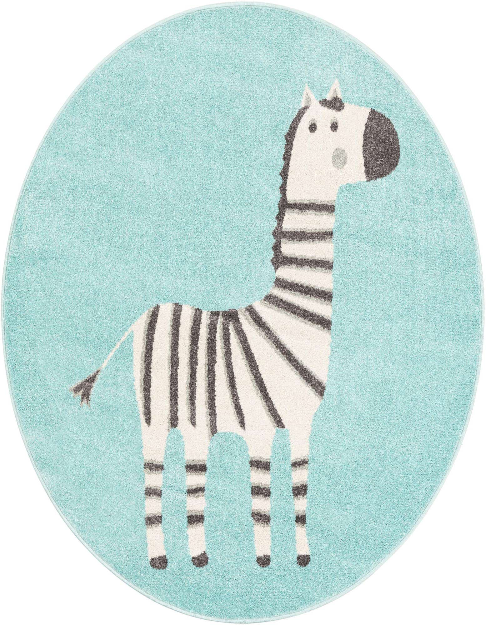 A round, light blue rug featuring a whimsical white and gray striped zebra, perfect for a child's room.