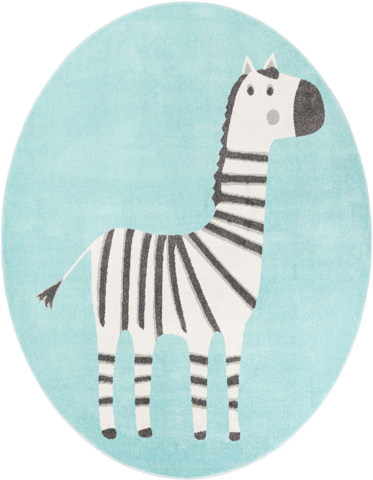 A round blue rug featuring a white and black striped zebra with a playful, cartoon-like design, perfect for a child's room.