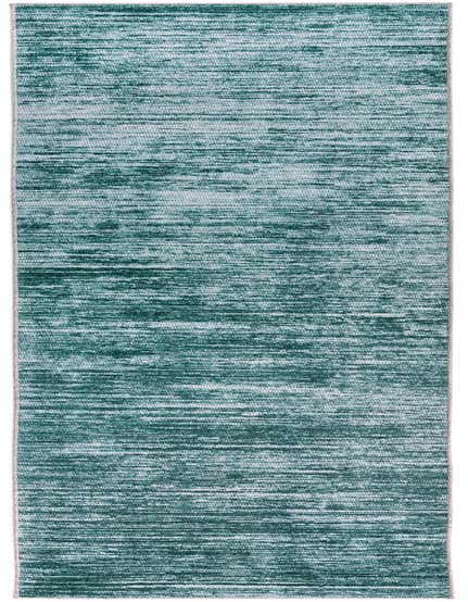 A 12 ft runner rug in shades of blue and green, featuring a modern stripe pattern and textured pile.