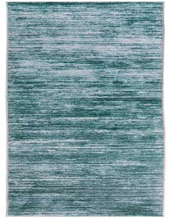 A long 16 ft runner rug from the Asha collection, featuring a modern stripe pattern in varying shades of blue and green, ideal for a hallway.