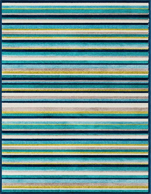 A vibrant 8 ft runner rug with horizontal stripes in various shades of blue, green, white, and gray, perfect for a hallway.
